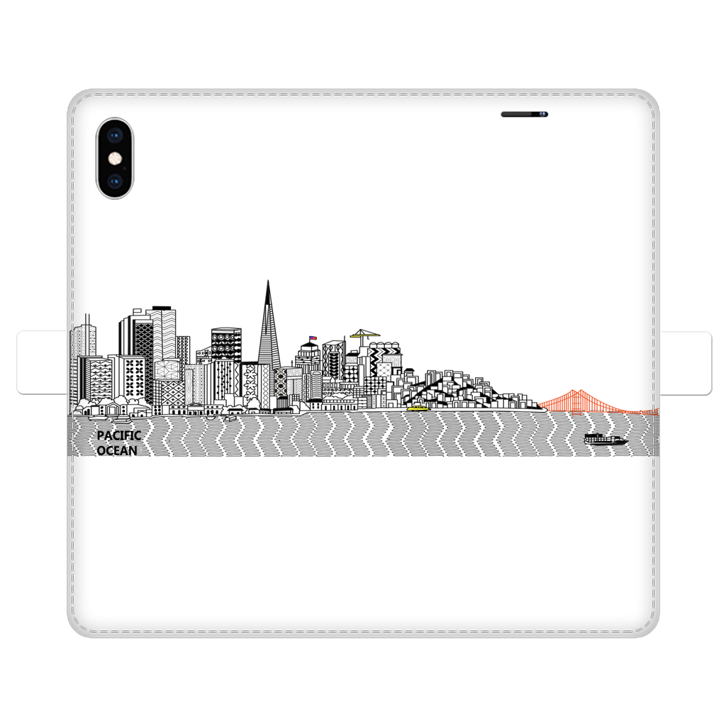 San Francisco Towel Fully Printed Wallet Case showcasing vibrant designs, magnetic closure, and faux leather material, suitable for iPhone and Samsung models.