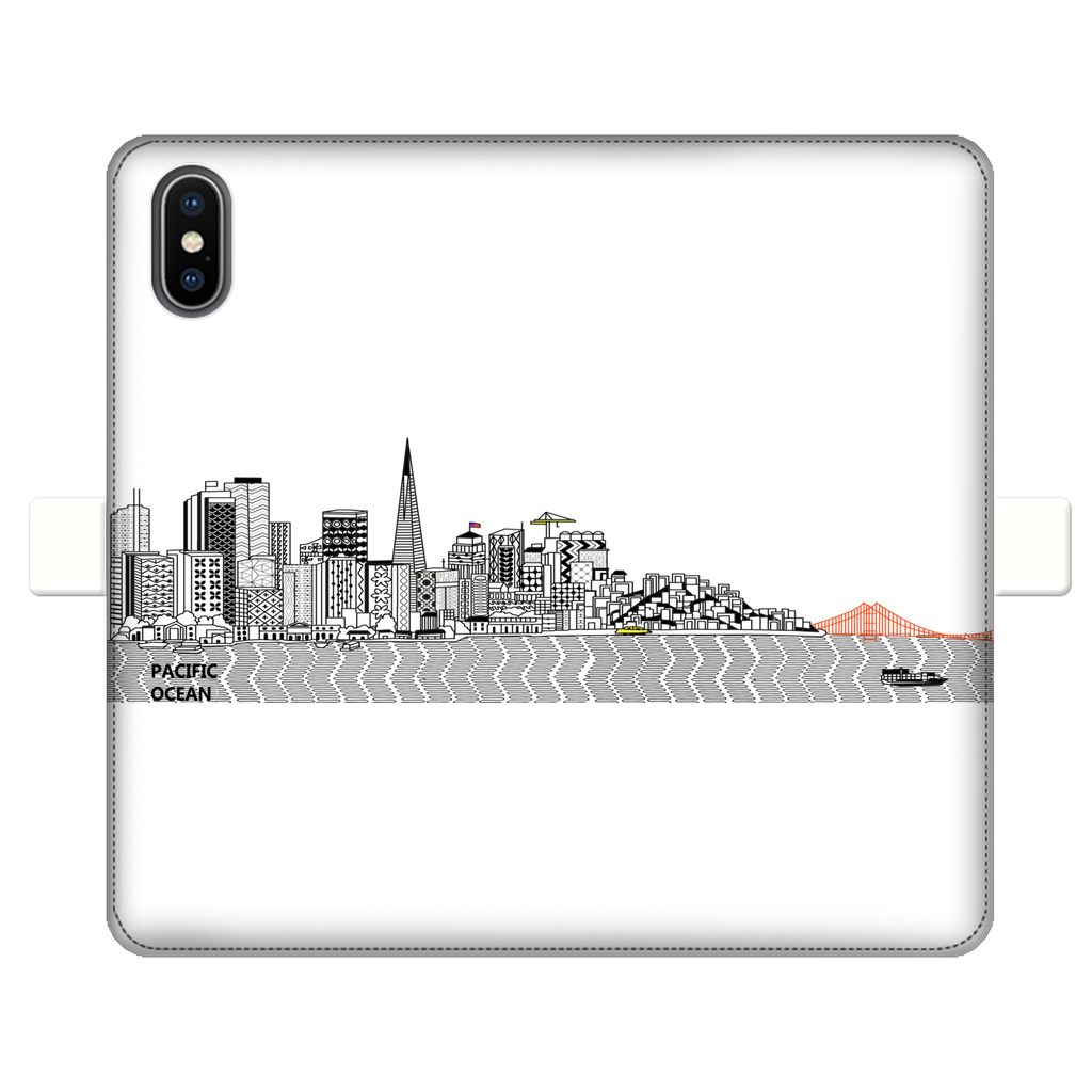 San Francisco Towel Fully Printed Wallet Case showcasing vibrant designs, magnetic closure, and faux leather material, suitable for iPhone and Samsung models.