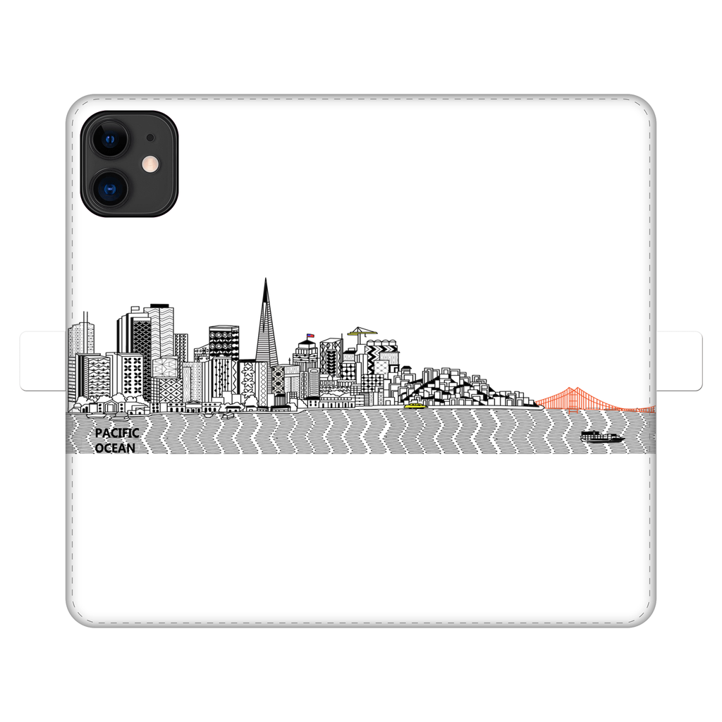 San Francisco Towel Fully Printed Wallet Case showcasing vibrant designs, magnetic closure, and faux leather material, suitable for iPhone and Samsung models.