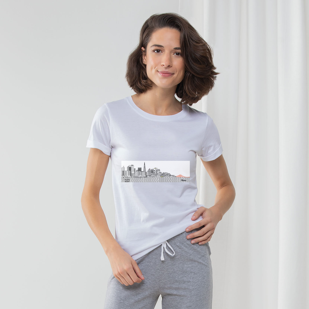 San Francisco Towel Women's Long Pant Pyjama Set featuring a white t-shirt, heather grey striped pants, and a matching drawcord bag.