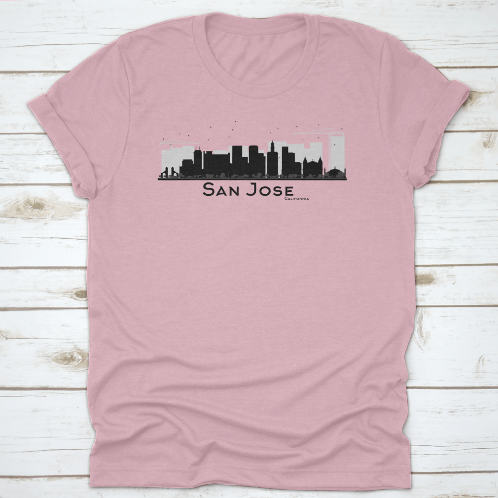 Black and white silhouette of the San Jose California city skyline, showcasing iconic buildings in a minimalist design.