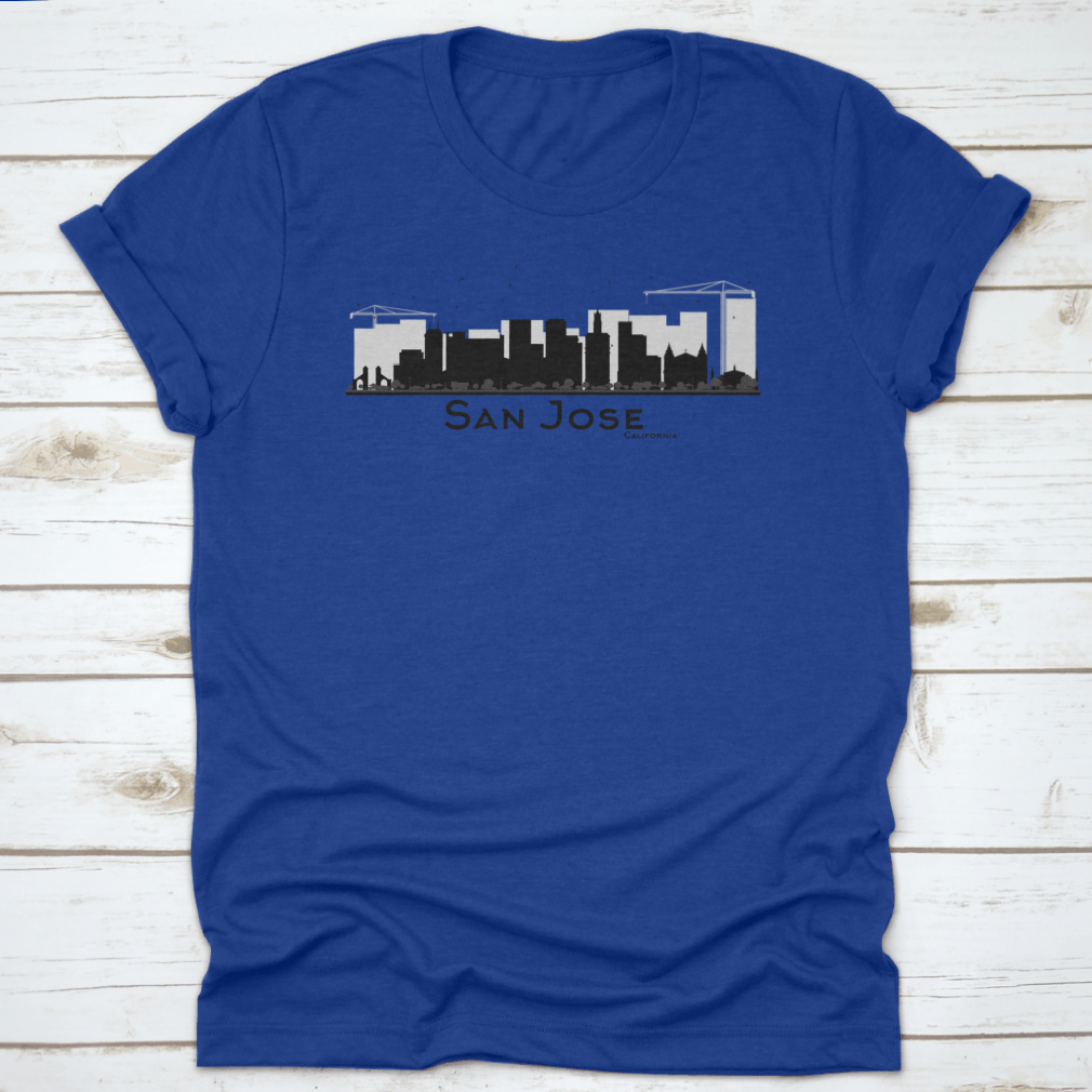 Black and white silhouette of the San Jose California city skyline, showcasing iconic buildings in a minimalist design.