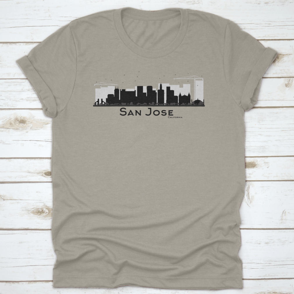 Black and white silhouette of the San Jose California city skyline, showcasing iconic buildings in a minimalist design.