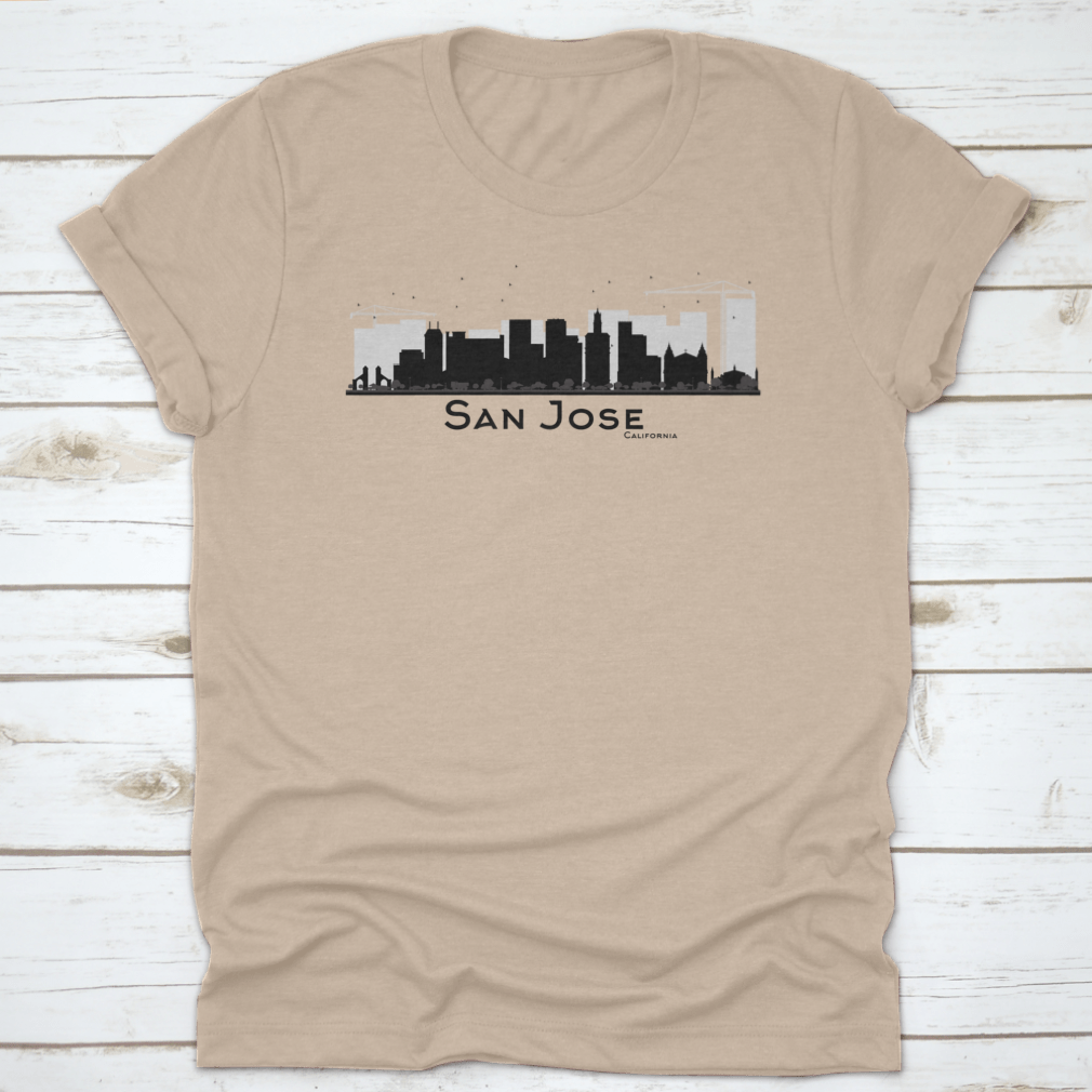 Black and white silhouette of the San Jose California city skyline, showcasing iconic buildings in a minimalist design.