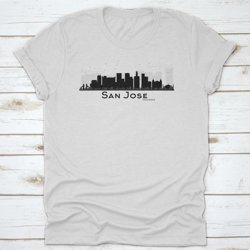 Black and white silhouette of the San Jose California city skyline, showcasing iconic buildings in a minimalist design.