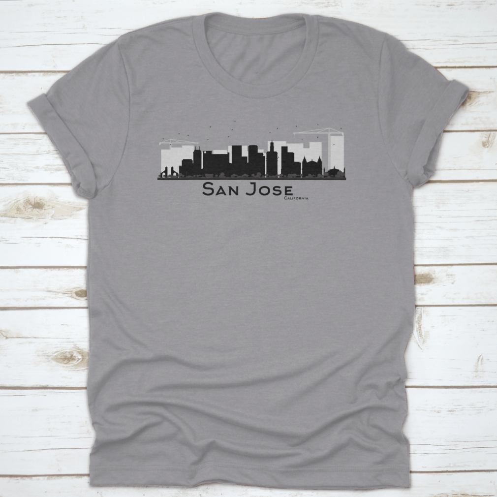 Black and white silhouette of the San Jose California city skyline, showcasing iconic buildings in a minimalist design.