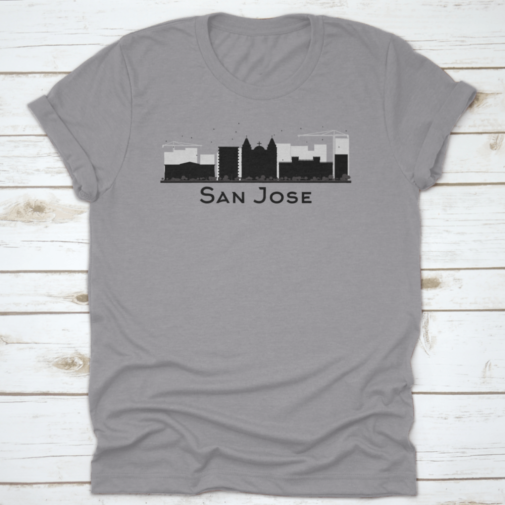 Black and white silhouette vector illustration of the San Jose City skyline, showcasing iconic buildings and structures in a minimalist design.