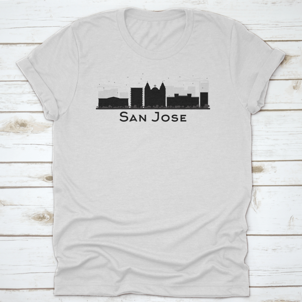 Black and white silhouette vector illustration of the San Jose City skyline, showcasing iconic buildings and structures in a minimalist design.