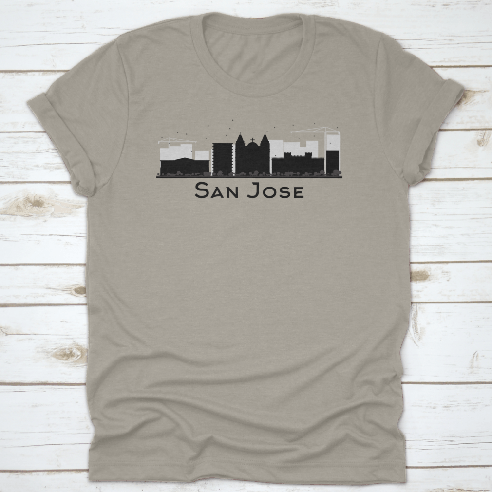 Black and white silhouette vector illustration of the San Jose City skyline, showcasing iconic buildings and structures in a minimalist design.