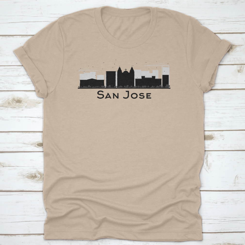 Black and white silhouette vector illustration of the San Jose City skyline, showcasing iconic buildings and structures in a minimalist design.