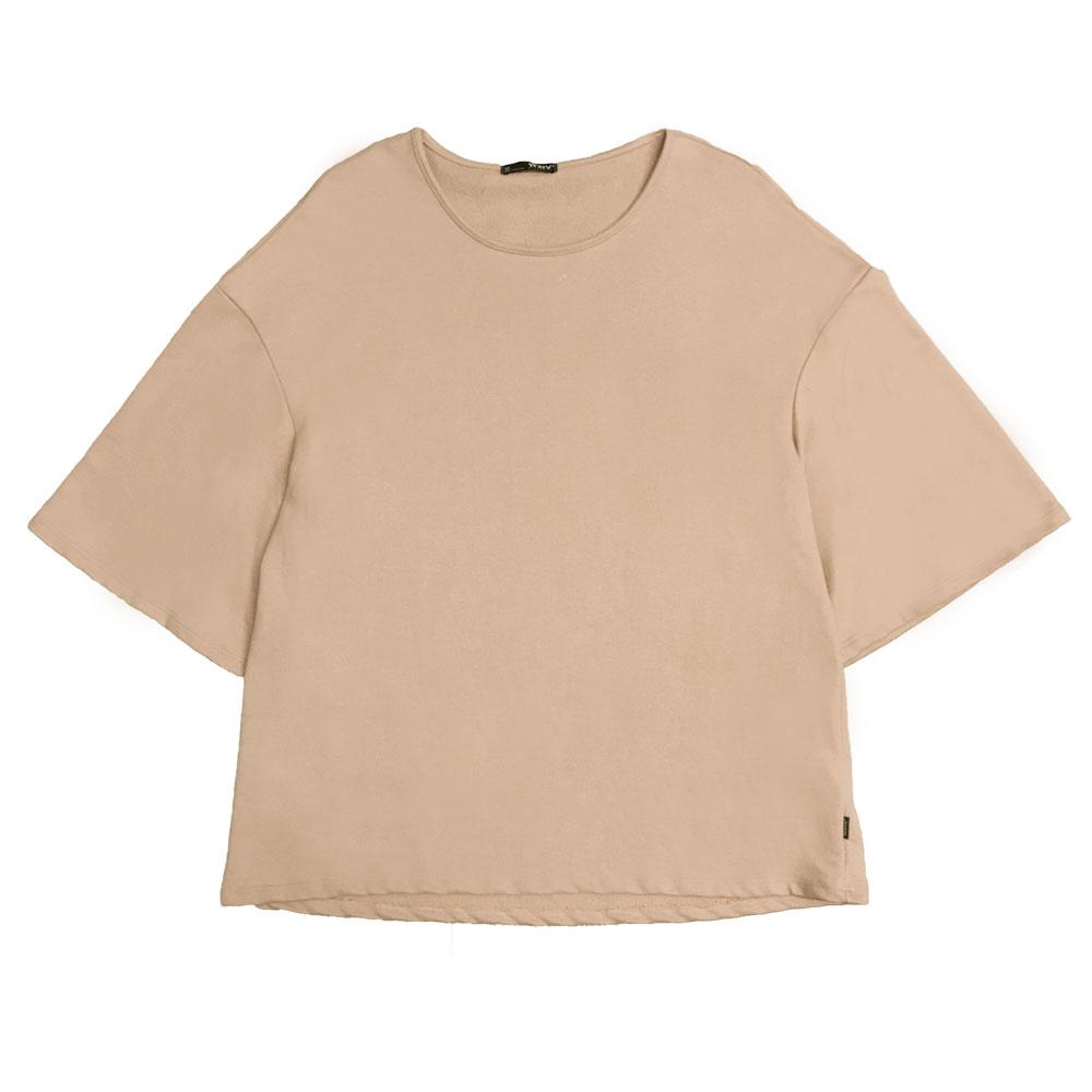 A stylish Sand Slouch Tee in a soft sand color, featuring slightly oversized sleeves and a straight hem, perfect for layering.