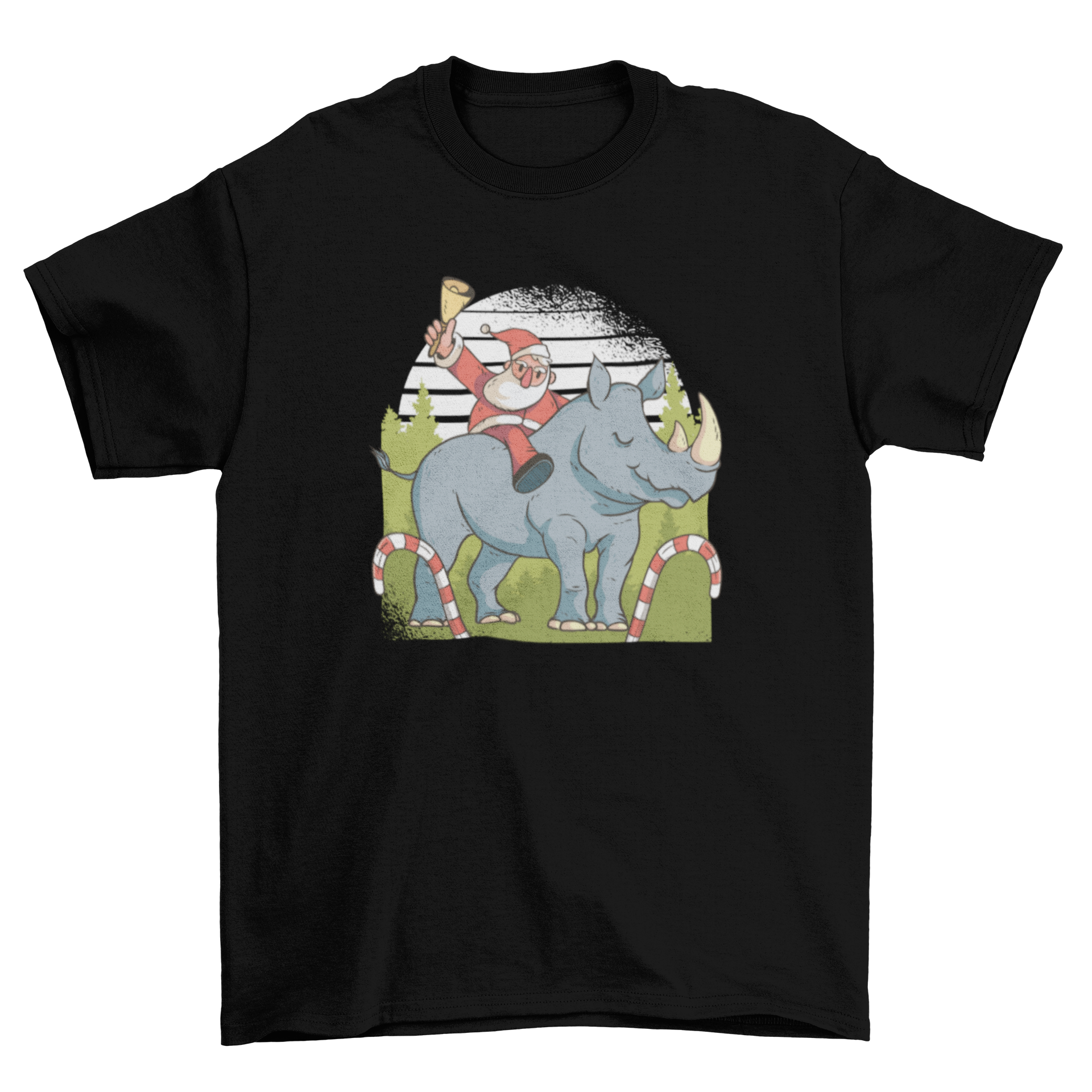 A festive t-shirt featuring Santa joyfully riding a rhino against a round lined grunge background, perfect for Christmas celebrations.