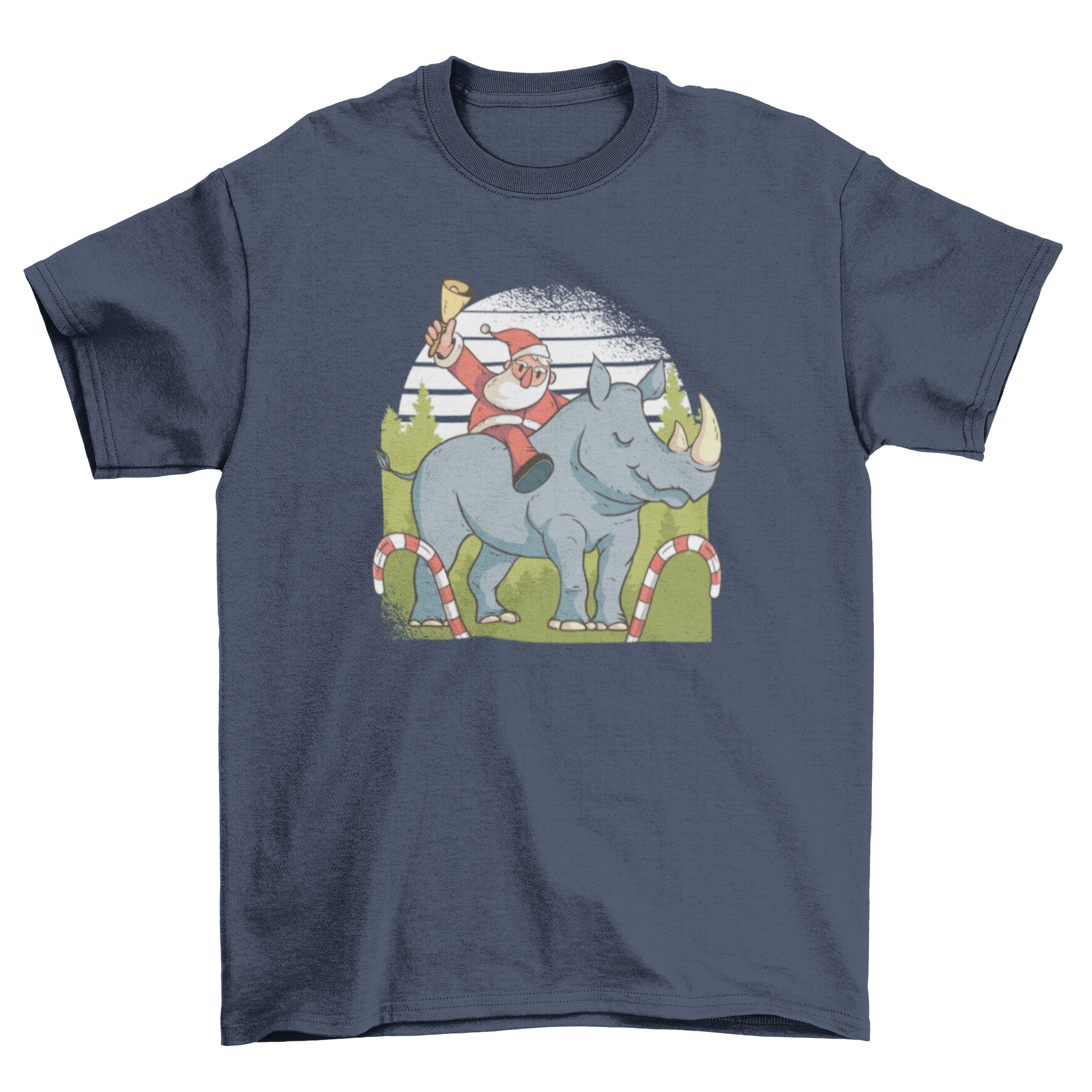 A festive t-shirt featuring Santa joyfully riding a rhino against a round lined grunge background, perfect for Christmas celebrations.