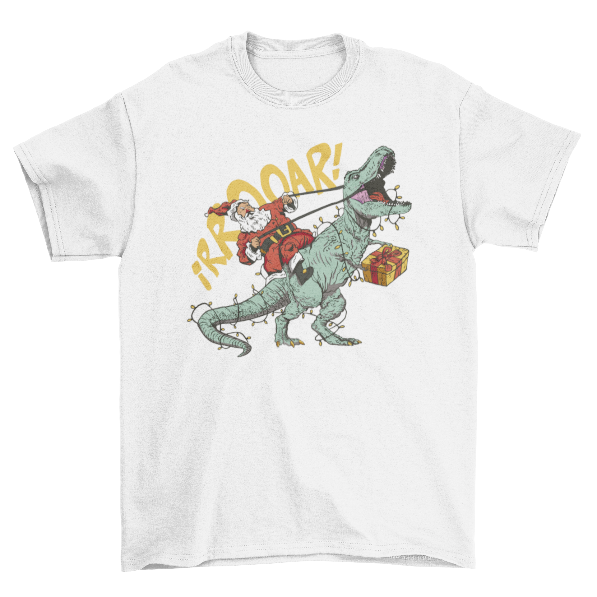 A festive t-shirt featuring Santa Claus riding a T-Rex with the quote 'Rrooar!' in colorful print.