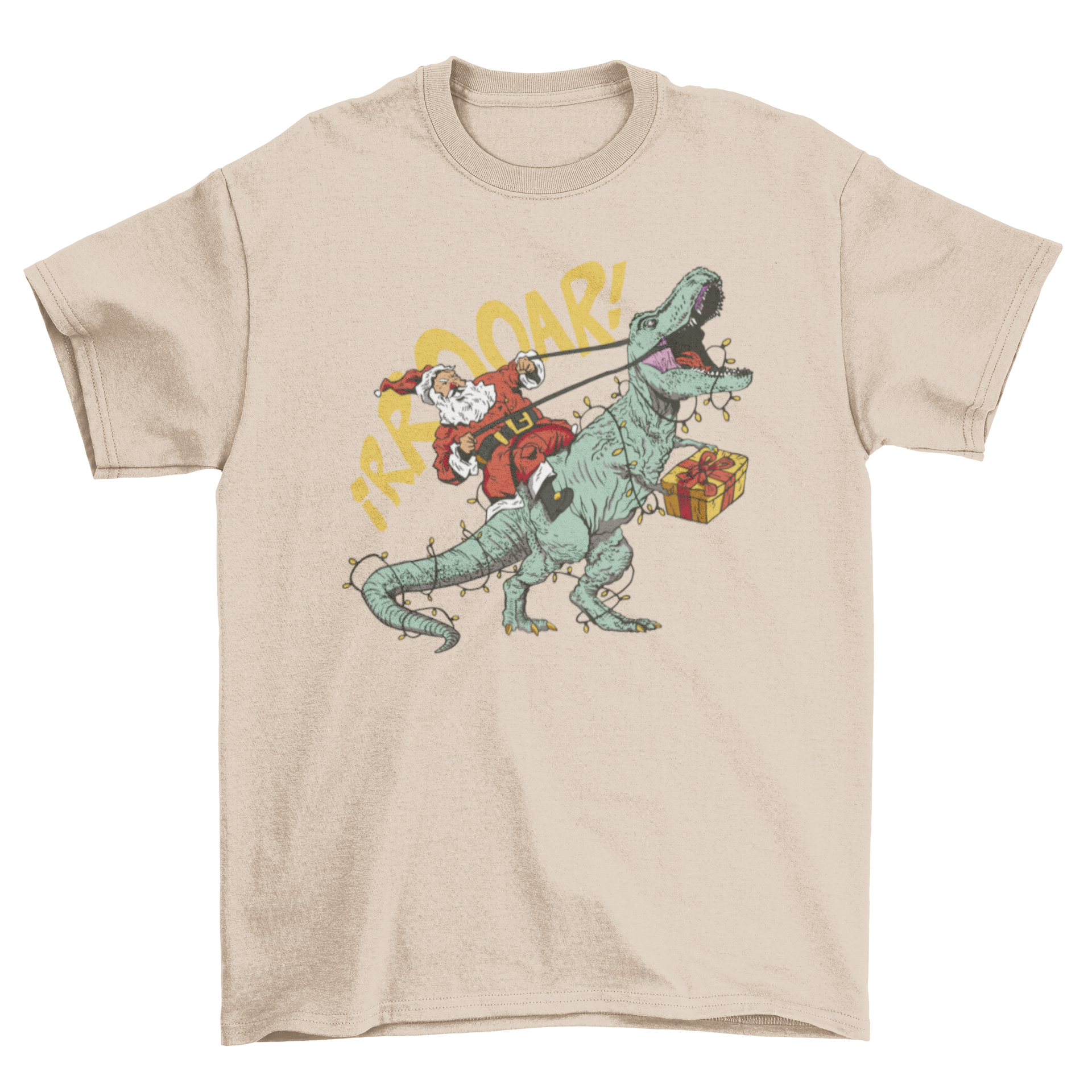 A festive t-shirt featuring Santa Claus riding a T-Rex with the quote 'Rrooar!' in colorful print.