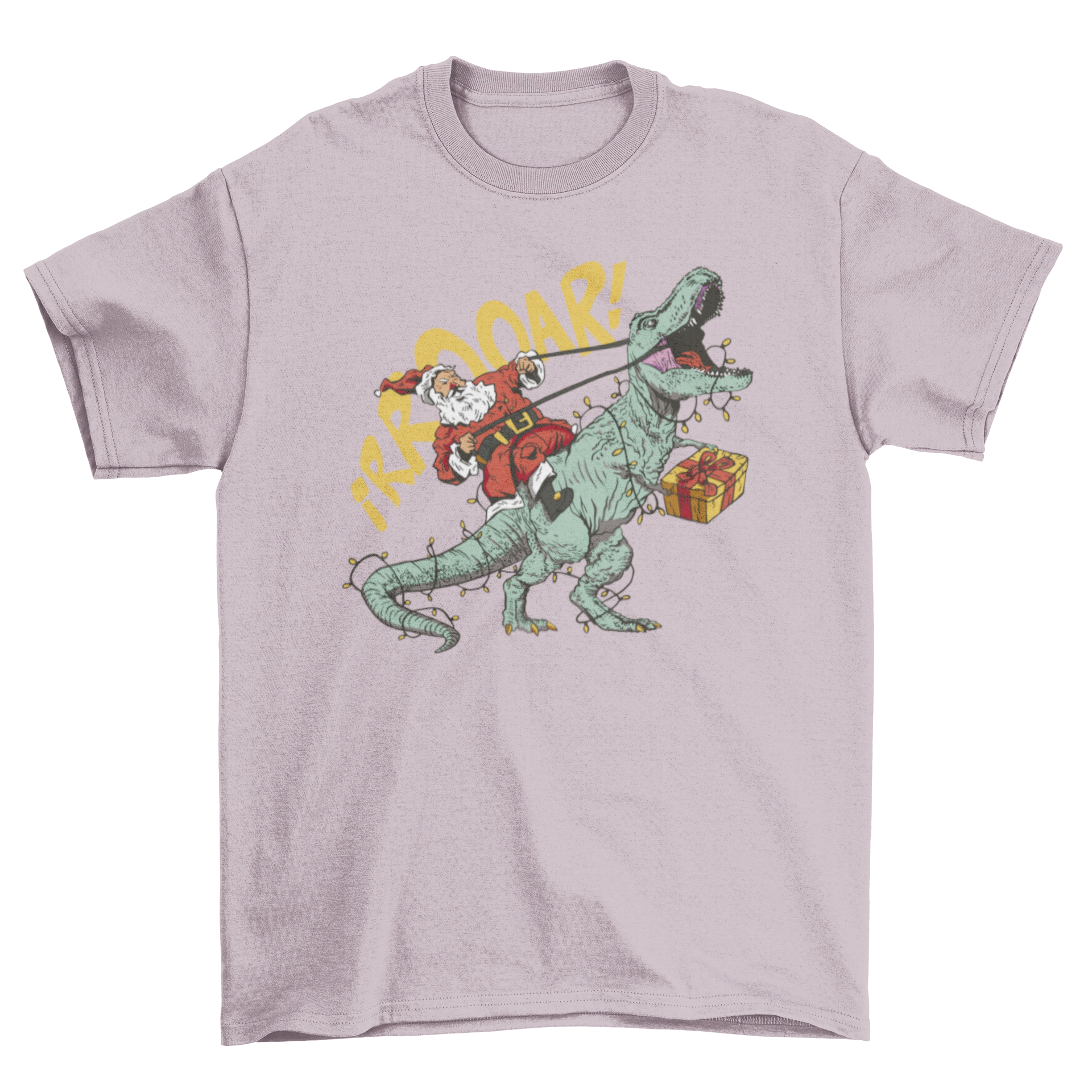 A festive t-shirt featuring Santa Claus riding a T-Rex with the quote 'Rrooar!' in colorful print.