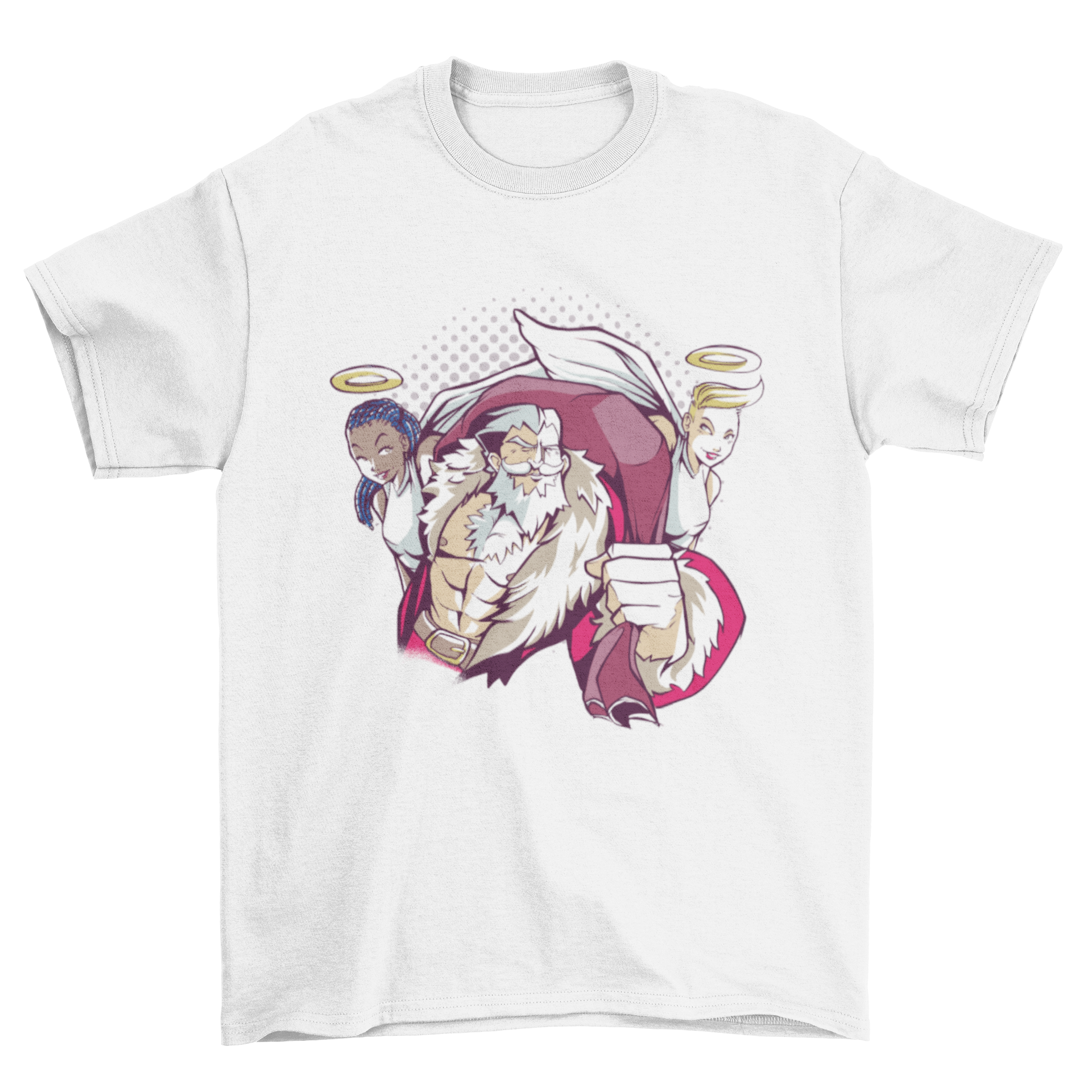 A festive t-shirt featuring a muscular Santa with two sexy angels, perfect for holiday celebrations.