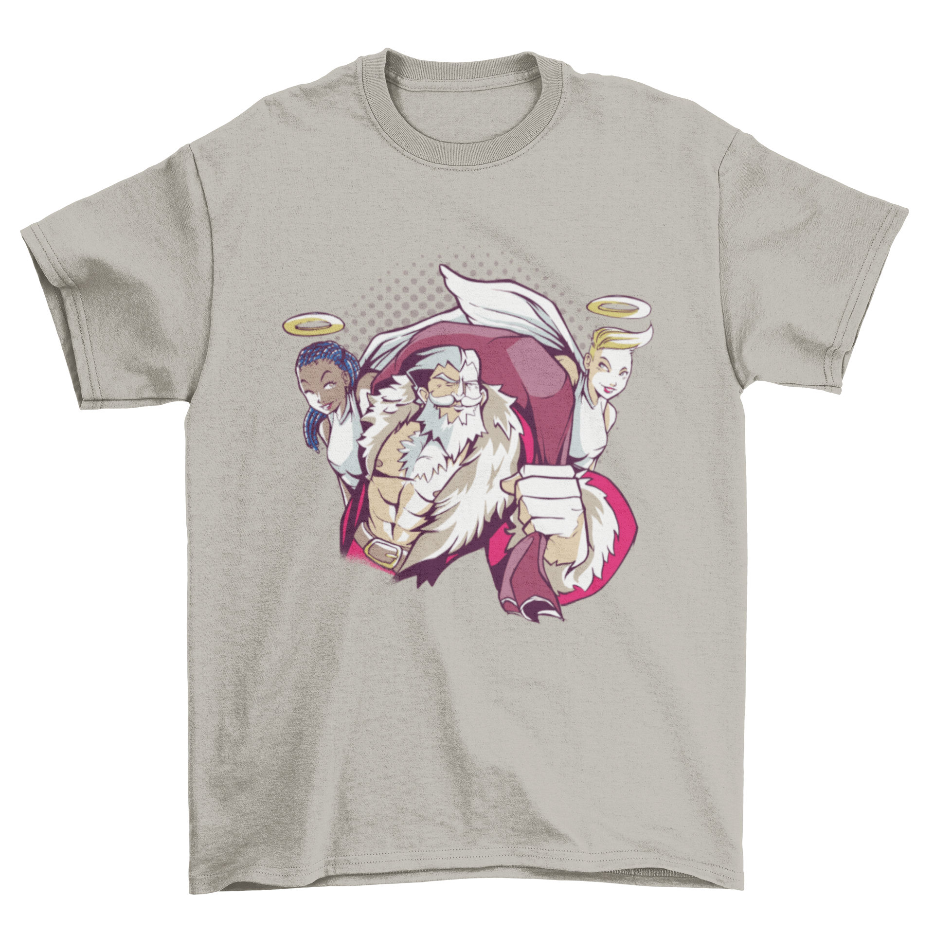 A festive t-shirt featuring a muscular Santa with two sexy angels, perfect for holiday celebrations.