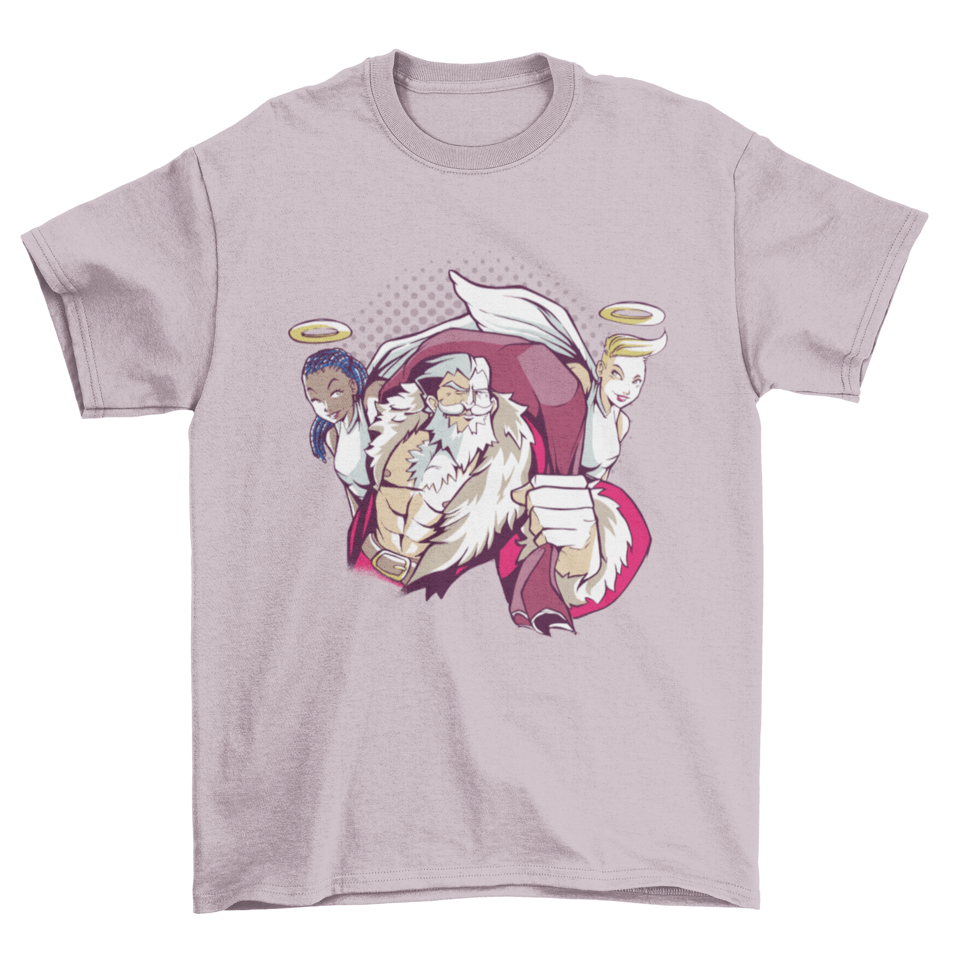 A festive t-shirt featuring a muscular Santa with two sexy angels, perfect for holiday celebrations.