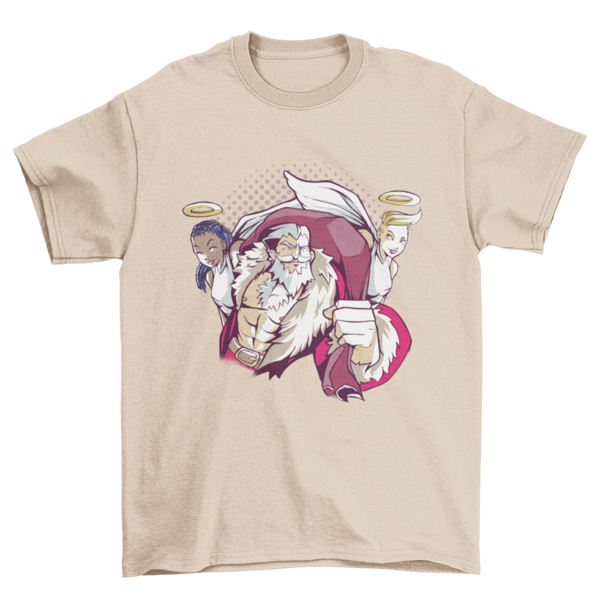 A festive t-shirt featuring a muscular Santa with two sexy angels, perfect for holiday celebrations.