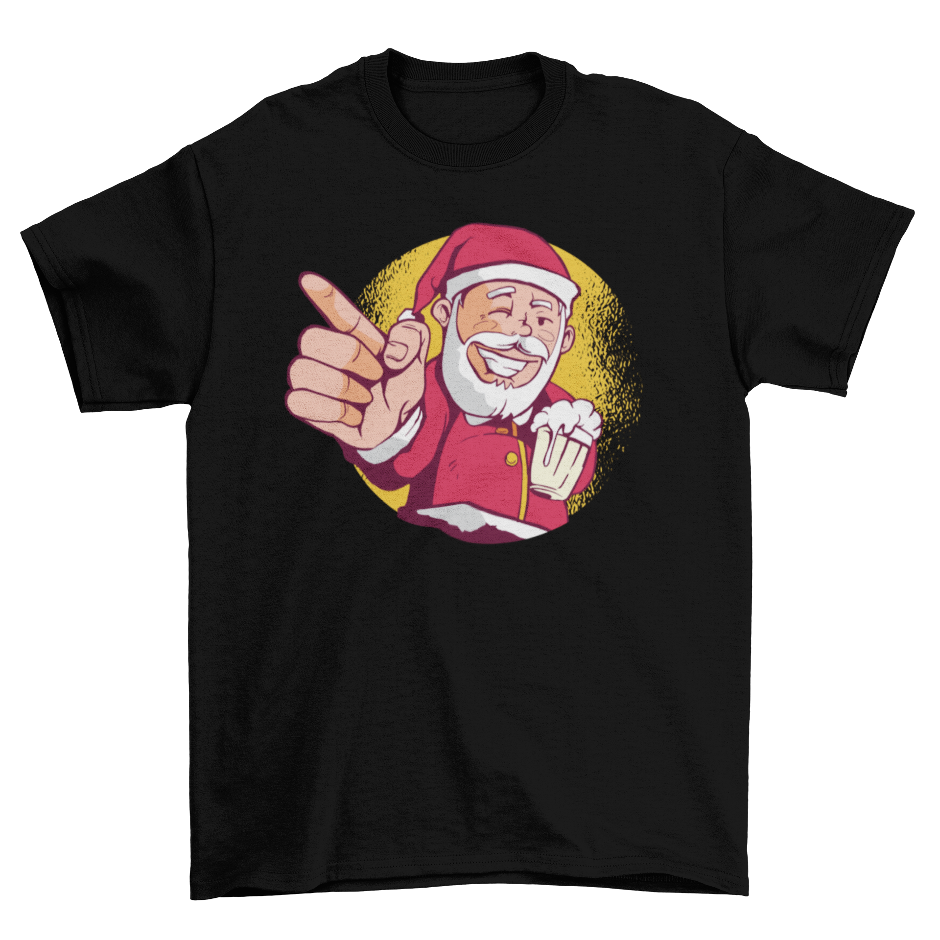 A festive Santa beer t-shirt featuring a cartoon Santa Claus happily drinking a beer, perfect for Christmas celebrations.