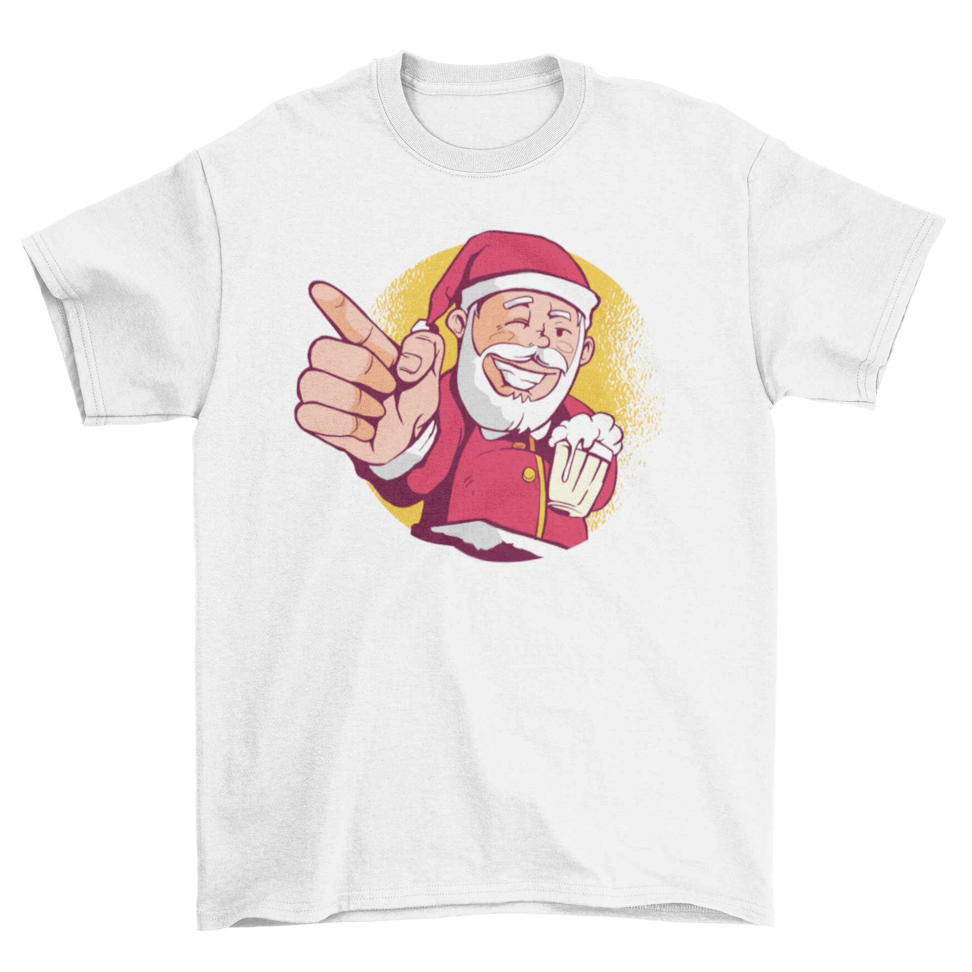 A festive Santa beer t-shirt featuring a cartoon Santa Claus happily drinking a beer, perfect for Christmas celebrations.