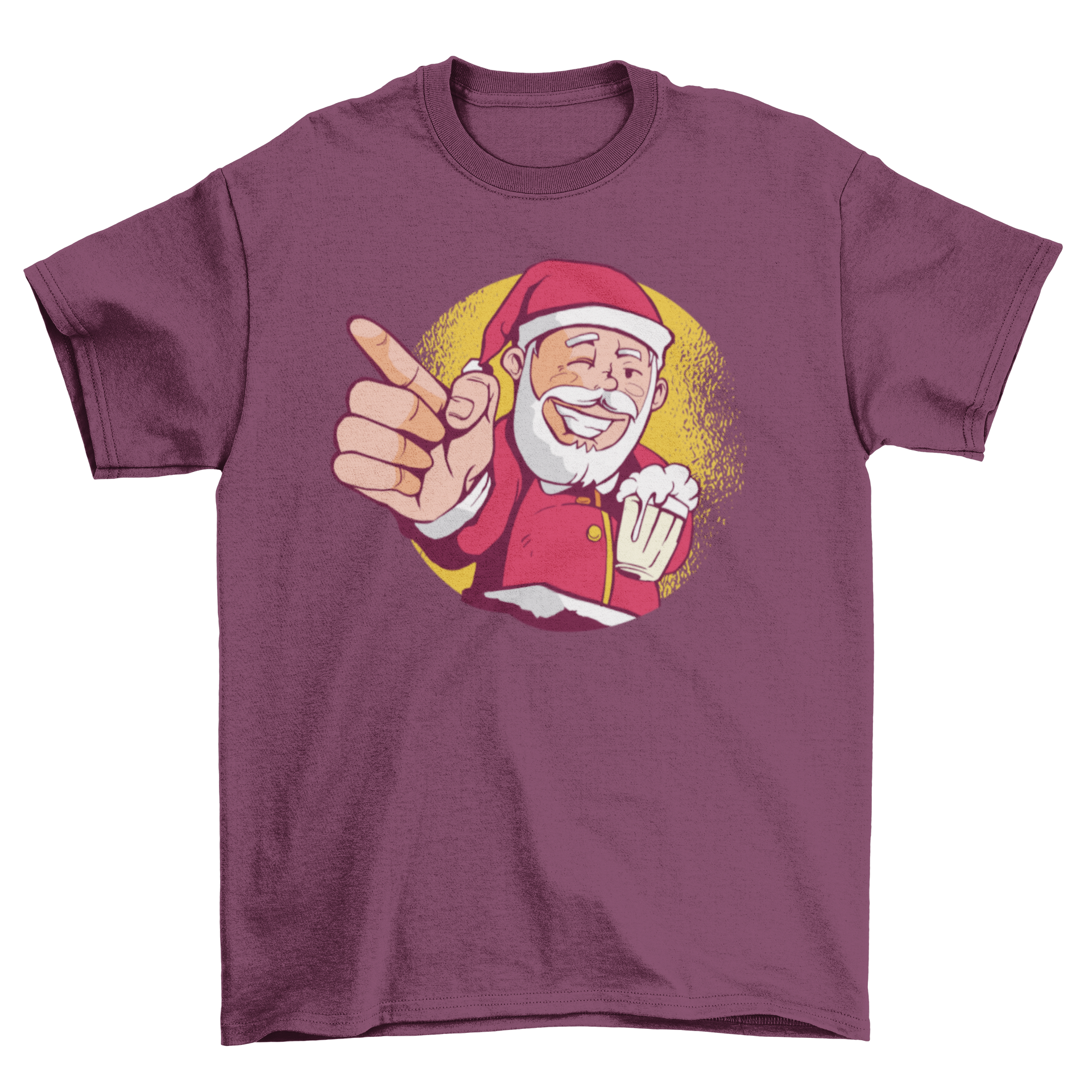 A festive Santa beer t-shirt featuring a cartoon Santa Claus happily drinking a beer, perfect for Christmas celebrations.