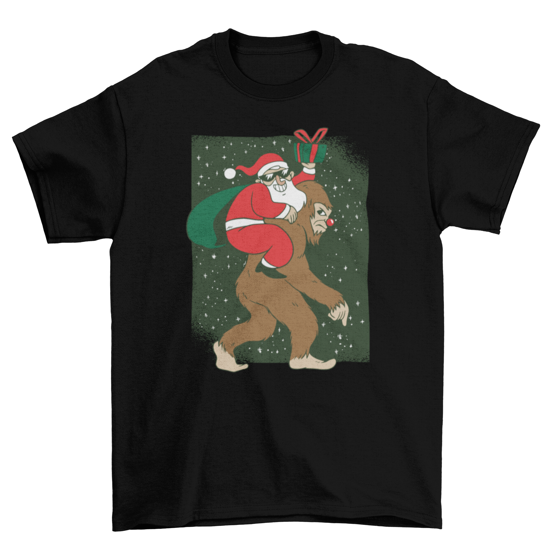 A humorous T-shirt featuring Santa Claus riding Bigfoot, surrounded by colorful presents.