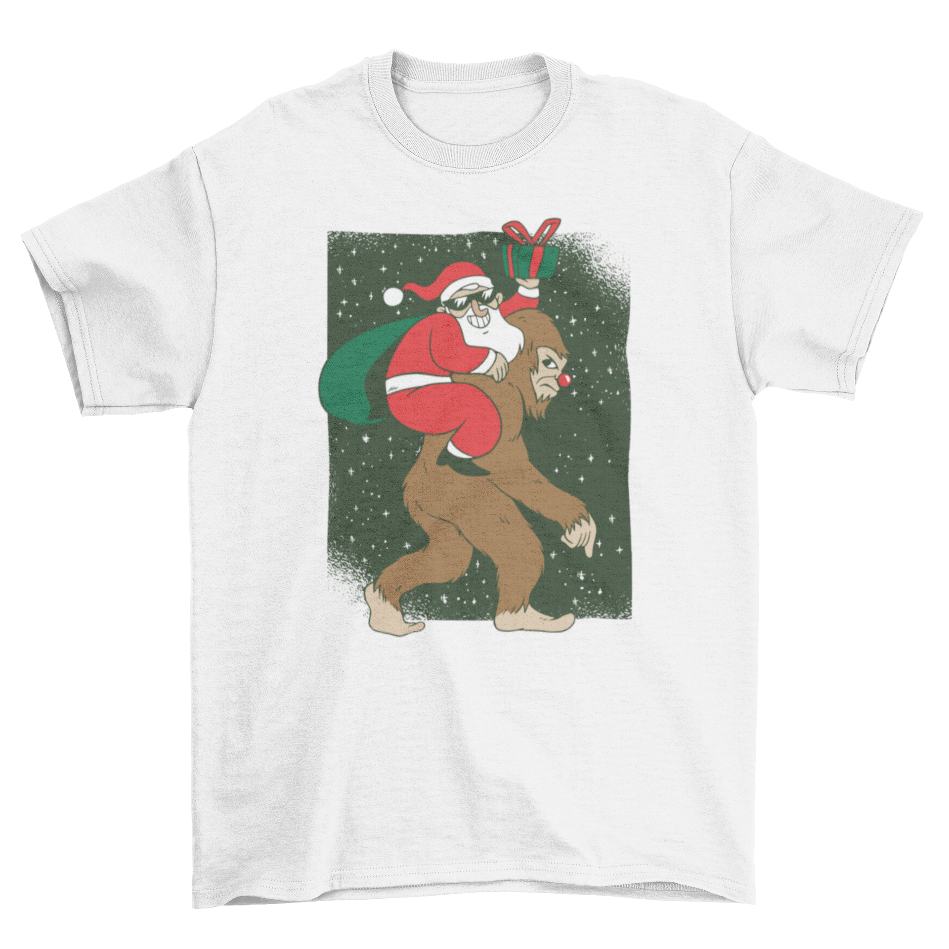 A humorous T-shirt featuring Santa Claus riding Bigfoot, surrounded by colorful presents.