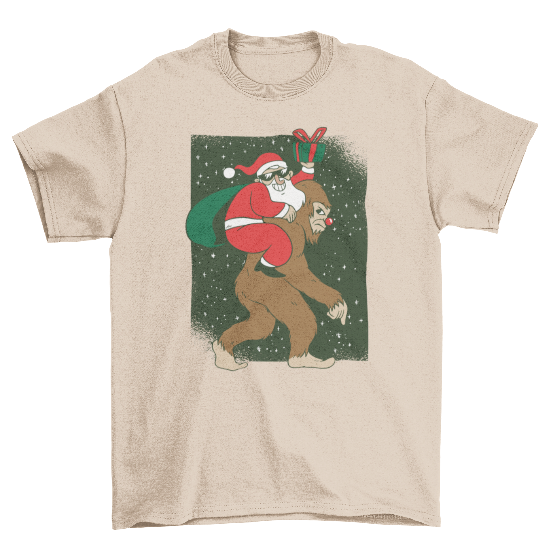 A humorous T-shirt featuring Santa Claus riding Bigfoot, surrounded by colorful presents.