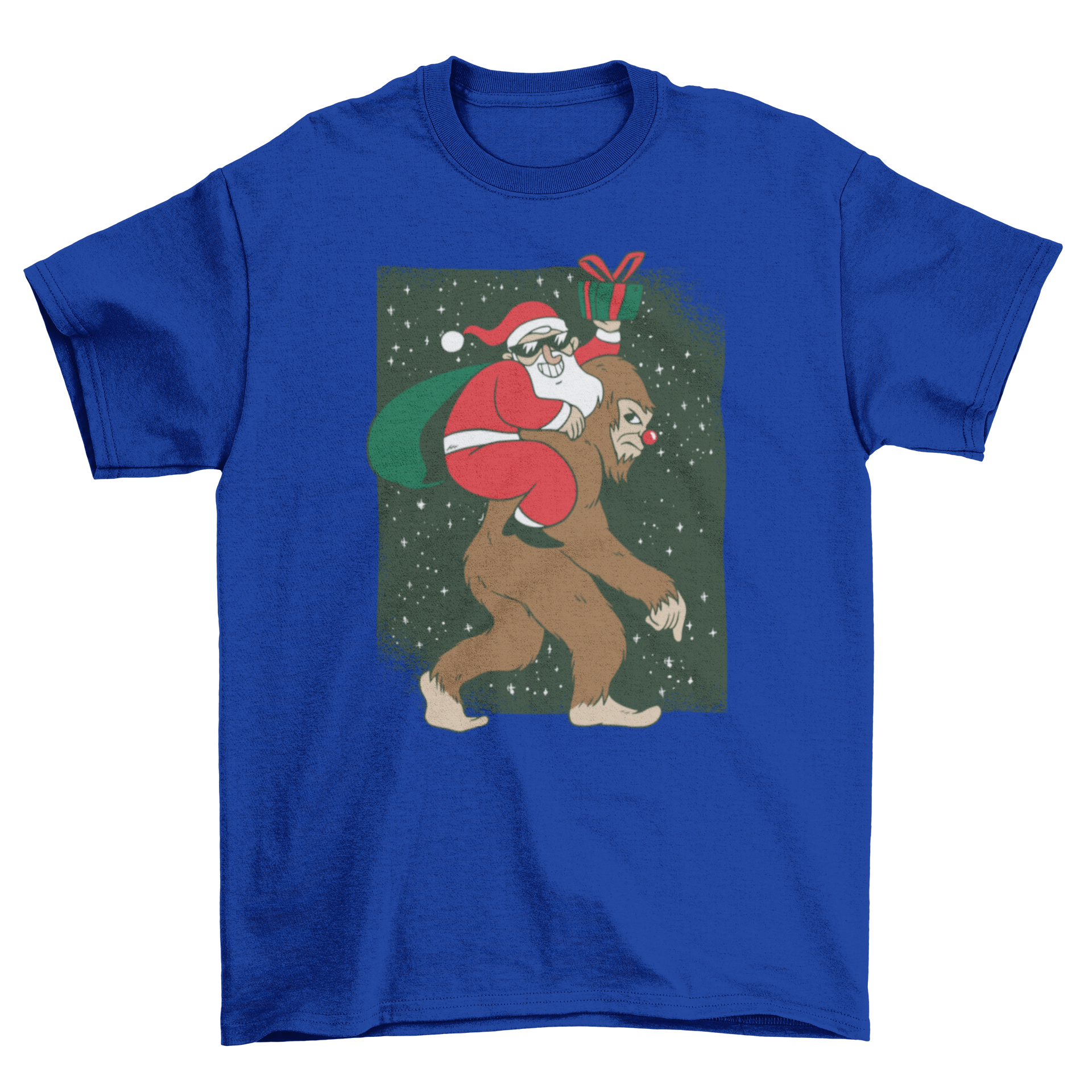 A humorous T-shirt featuring Santa Claus riding Bigfoot, surrounded by colorful presents.