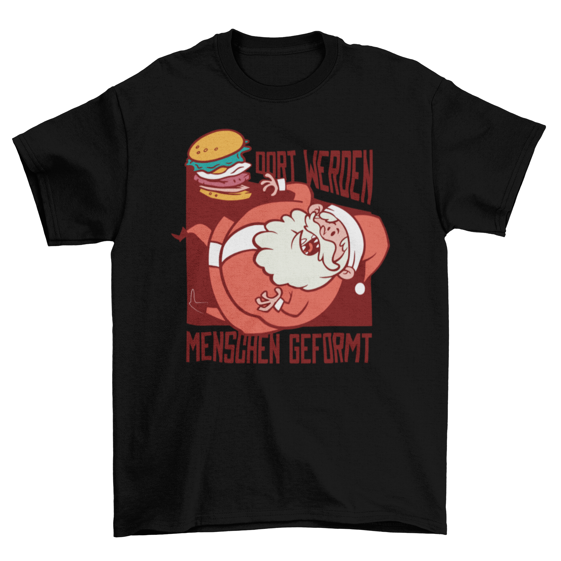 Santa Burger German T-shirt featuring a whimsical flying burger Santa design with a German quote.