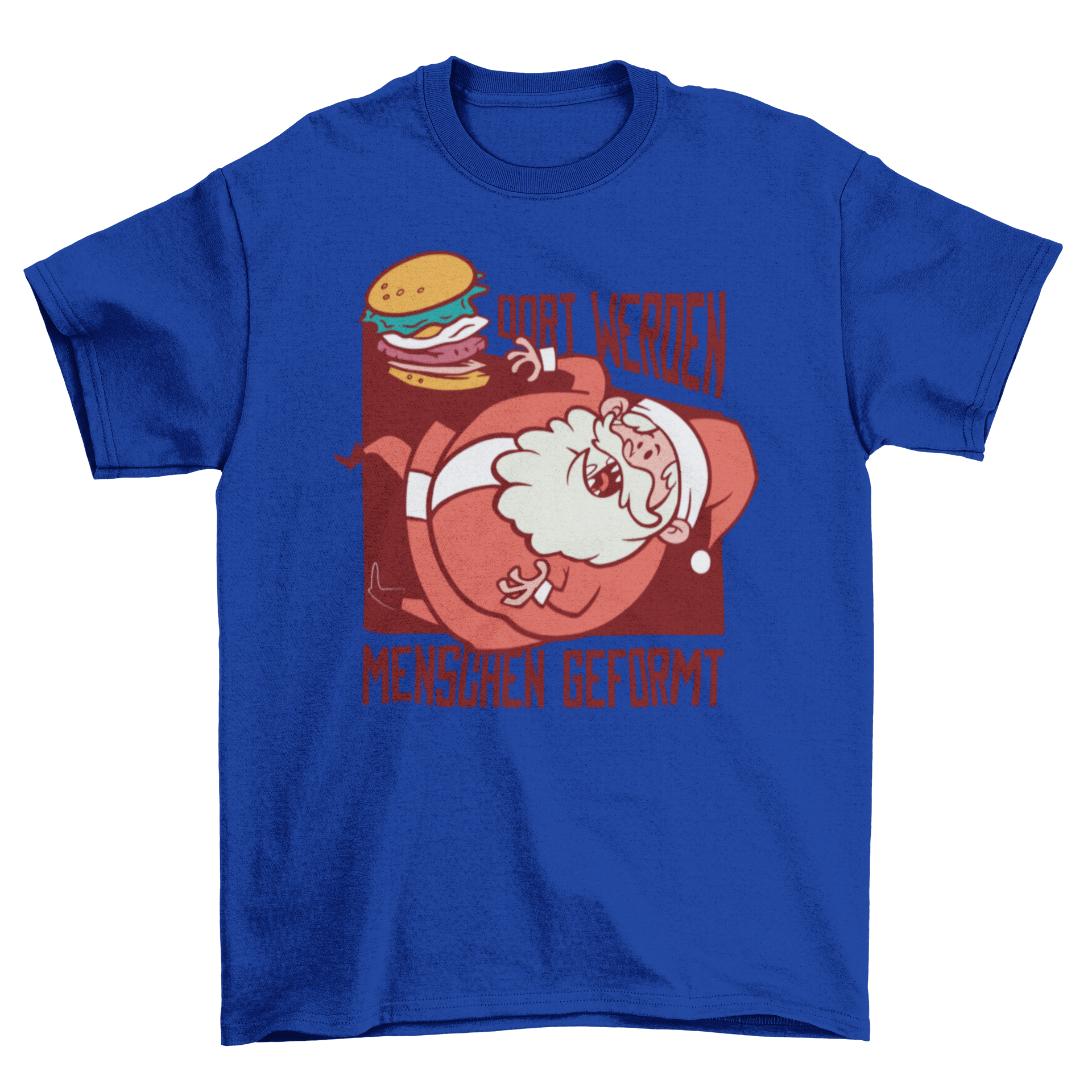 Santa Burger German T-shirt featuring a whimsical flying burger Santa design with a German quote.