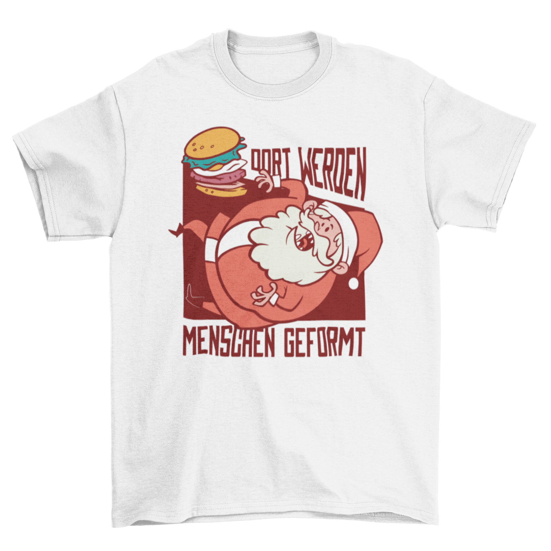 Santa Burger German T-shirt featuring a whimsical flying burger Santa design with a German quote.