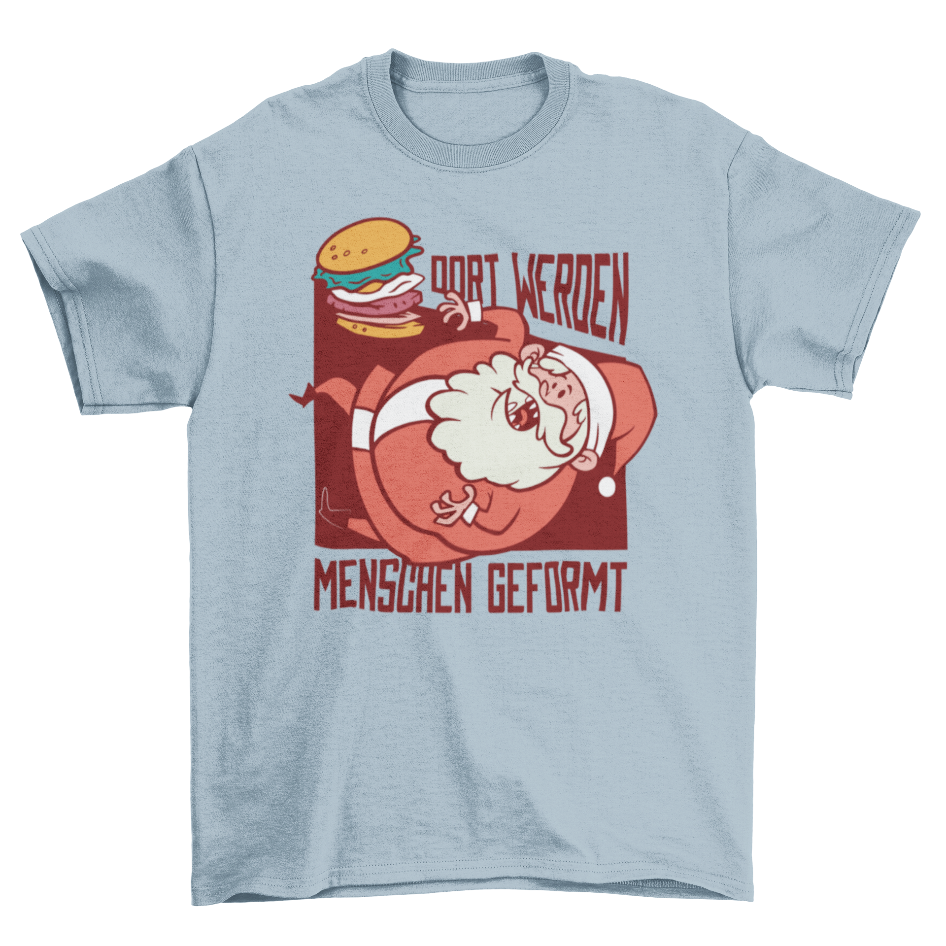 Santa Burger German T-shirt featuring a whimsical flying burger Santa design with a German quote.