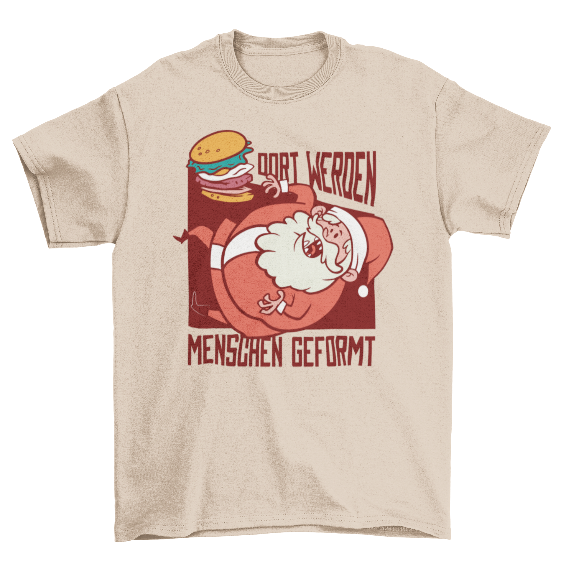 Santa Burger German T-shirt featuring a whimsical flying burger Santa design with a German quote.