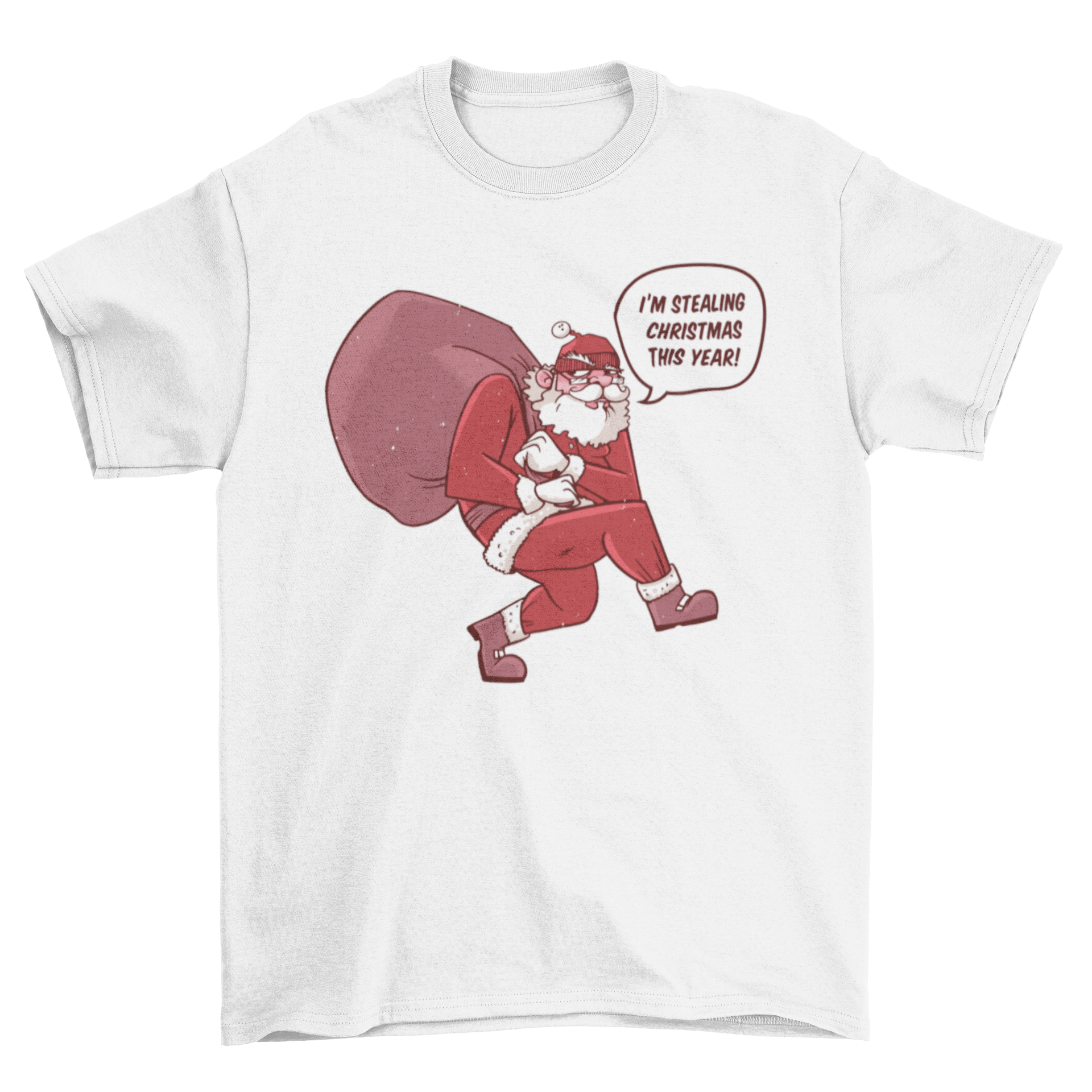 Funny Santa Claus t-shirt design featuring Santa carrying a bag of gifts with the quote 'I'm stealing Christmas this year'.