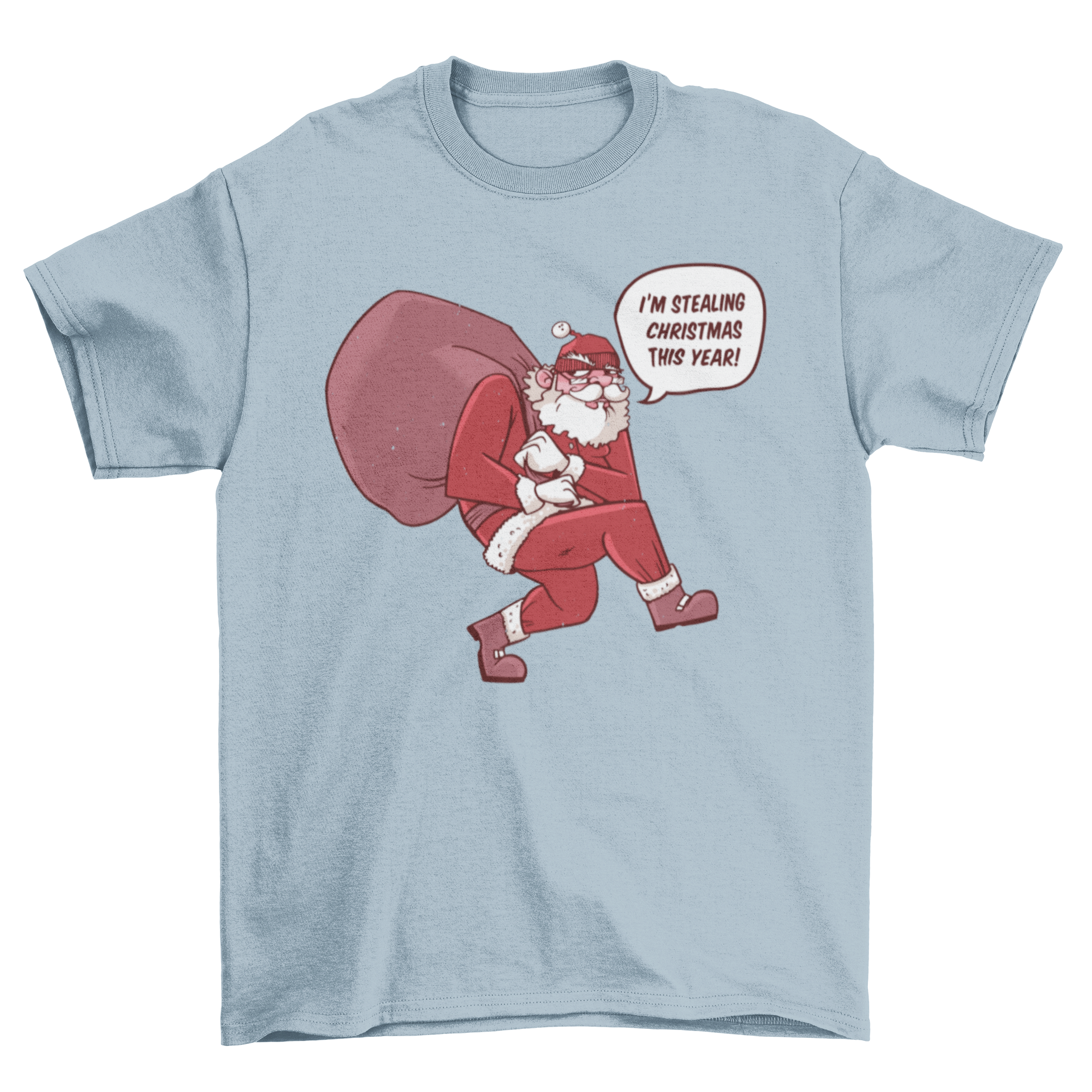 Funny Santa Claus t-shirt design featuring Santa carrying a bag of gifts with the quote 'I'm stealing Christmas this year'.