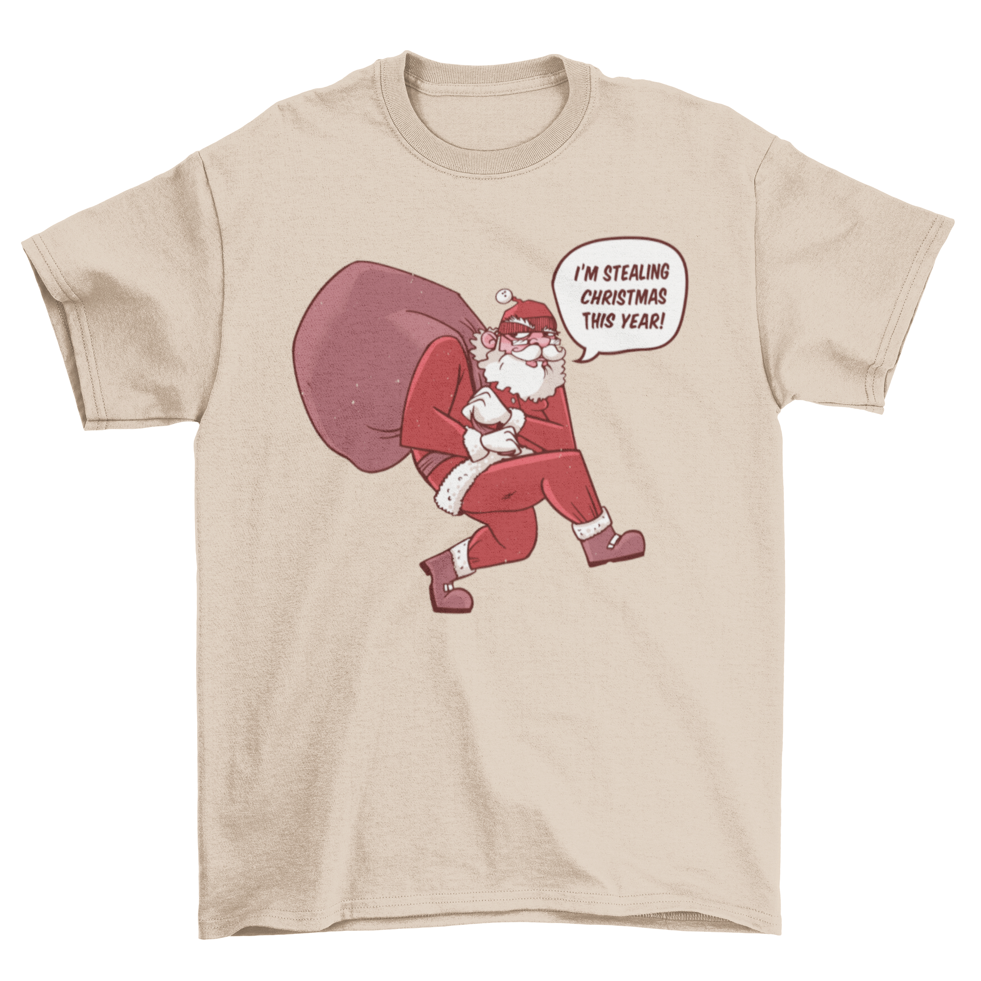 Funny Santa Claus t-shirt design featuring Santa carrying a bag of gifts with the quote 'I'm stealing Christmas this year'.