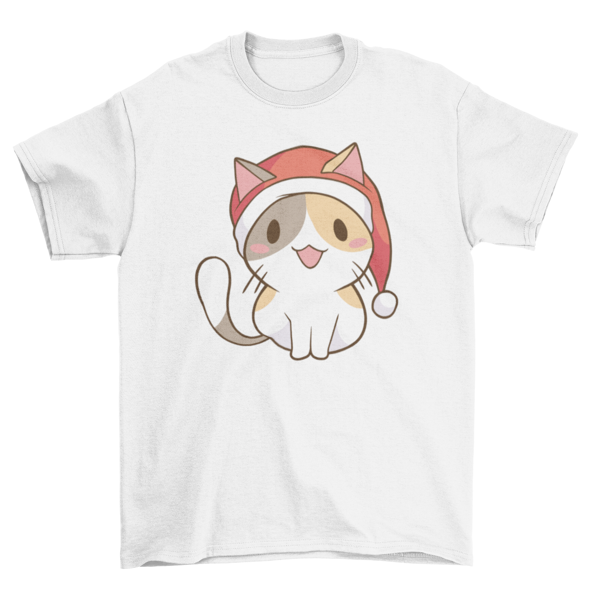 A cute t-shirt featuring a cat wearing a Santa Claus hat, perfect for holiday celebrations.