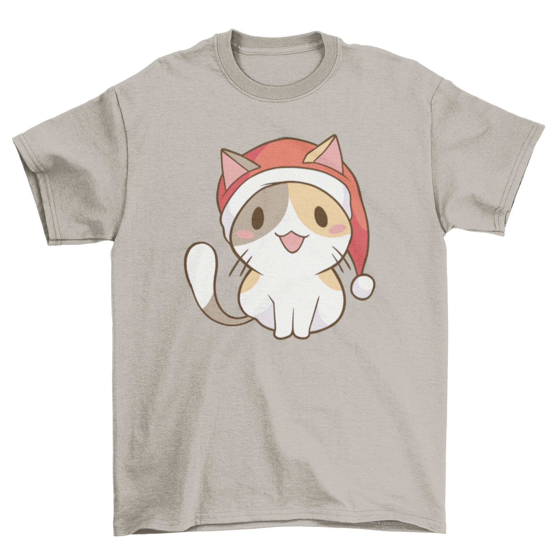 A cute t-shirt featuring a cat wearing a Santa Claus hat, perfect for holiday celebrations.