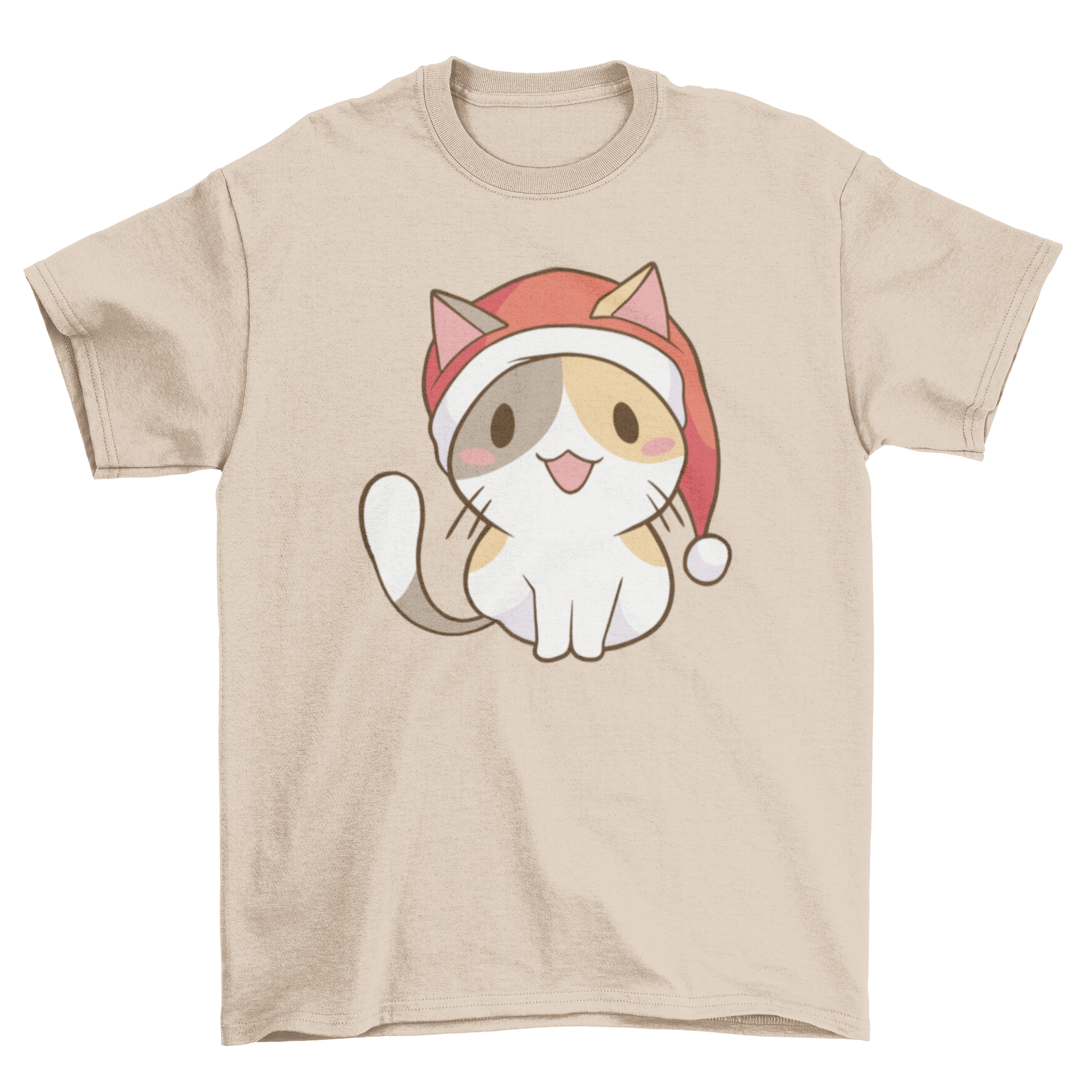 A cute t-shirt featuring a cat wearing a Santa Claus hat, perfect for holiday celebrations.