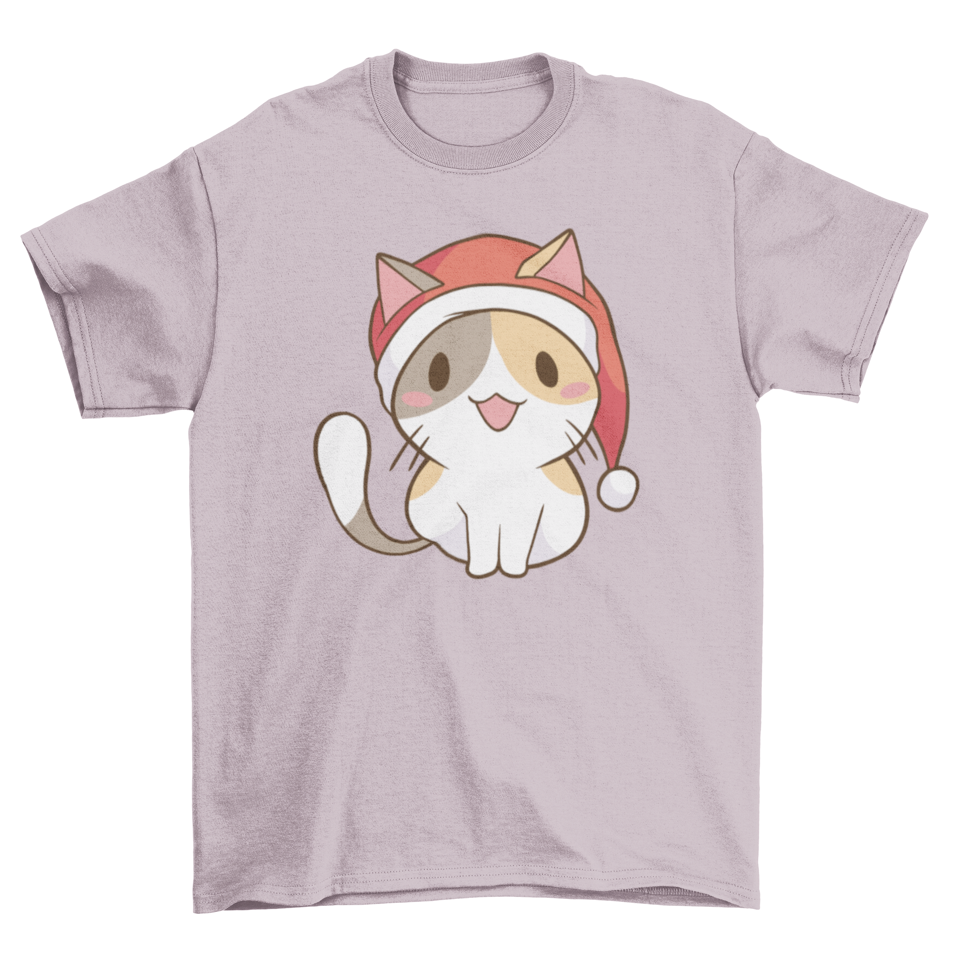 A cute t-shirt featuring a cat wearing a Santa Claus hat, perfect for holiday celebrations.