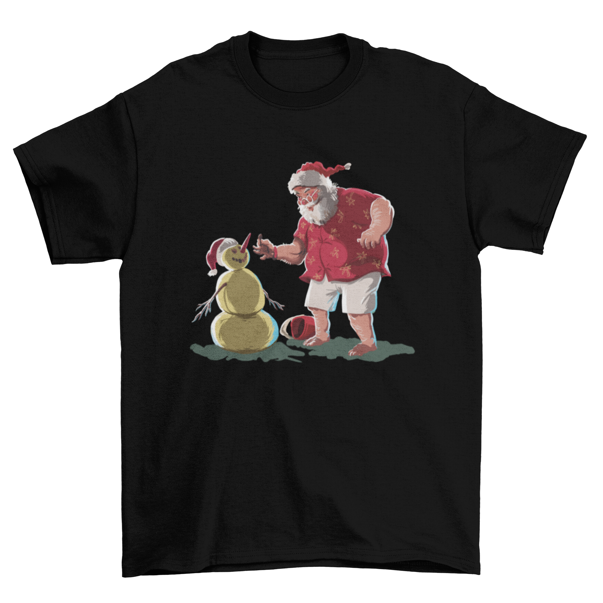 A festive Christmas t-shirt featuring a humorous design of Santa Claus and a snowman, perfect for holiday celebrations.