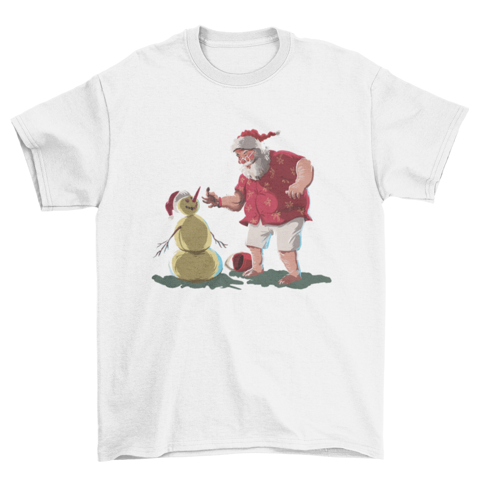 A festive Christmas t-shirt featuring a humorous design of Santa Claus and a snowman, perfect for holiday celebrations.