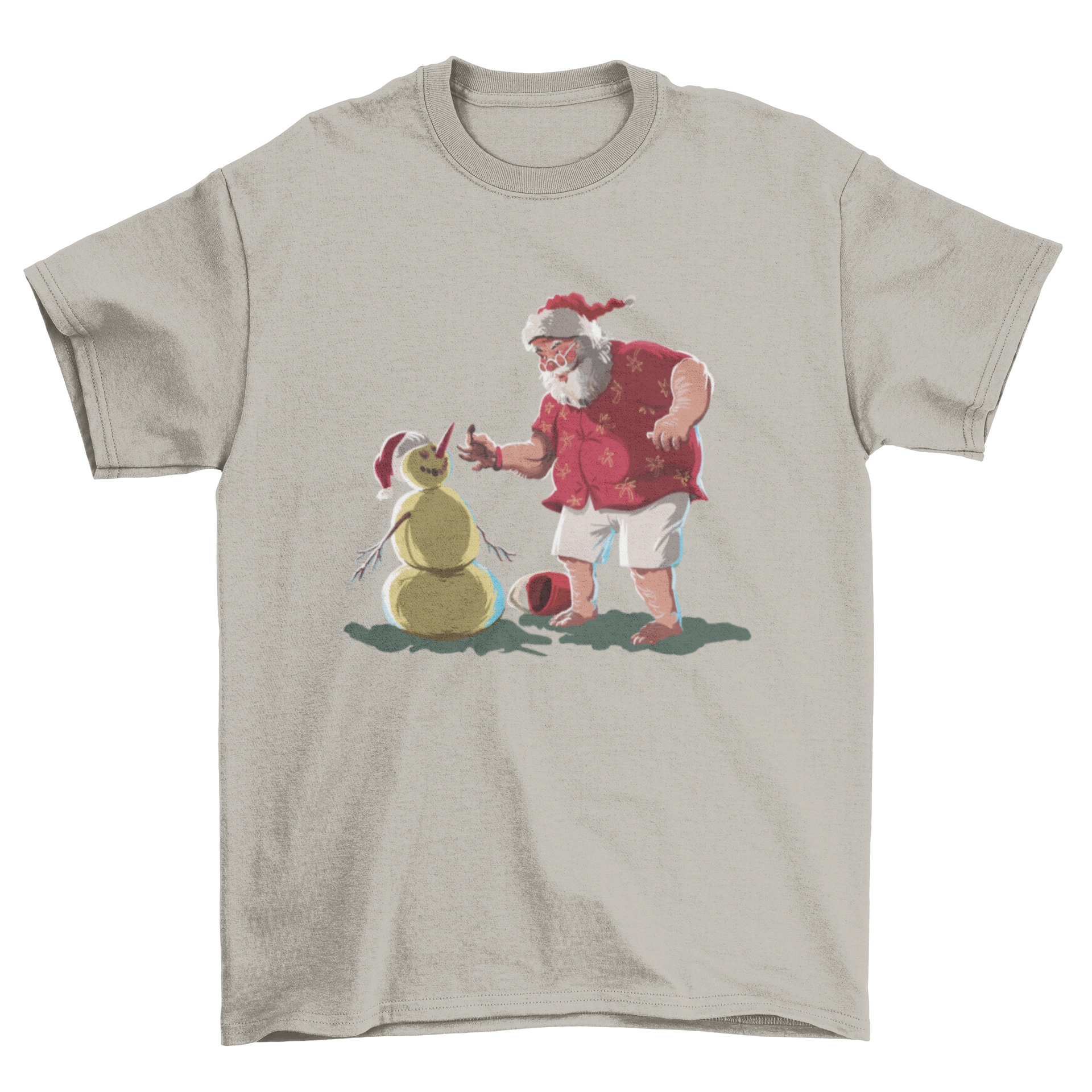 A festive Christmas t-shirt featuring a humorous design of Santa Claus and a snowman, perfect for holiday celebrations.