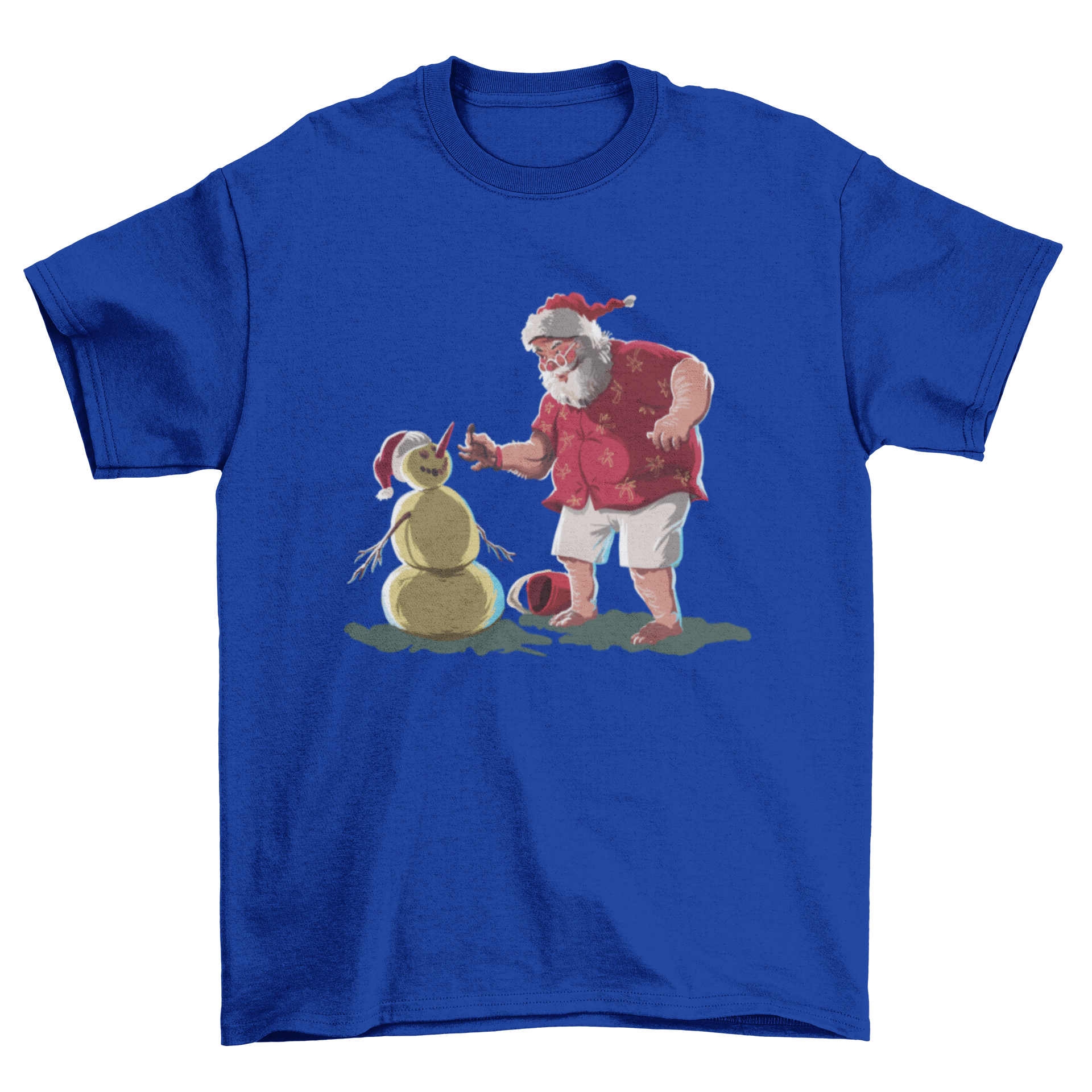 A festive Christmas t-shirt featuring a humorous design of Santa Claus and a snowman, perfect for holiday celebrations.