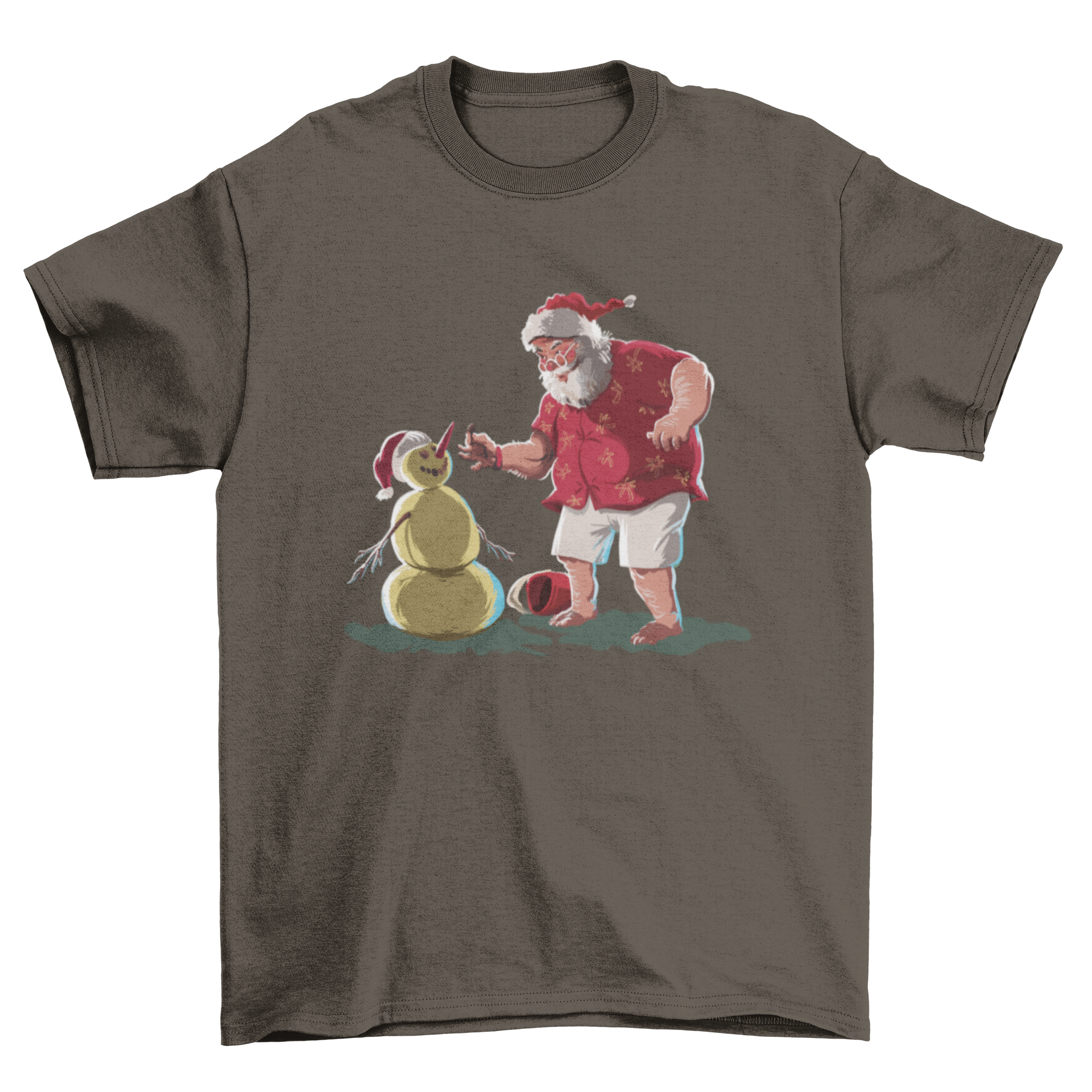 A festive Christmas t-shirt featuring a humorous design of Santa Claus and a snowman, perfect for holiday celebrations.