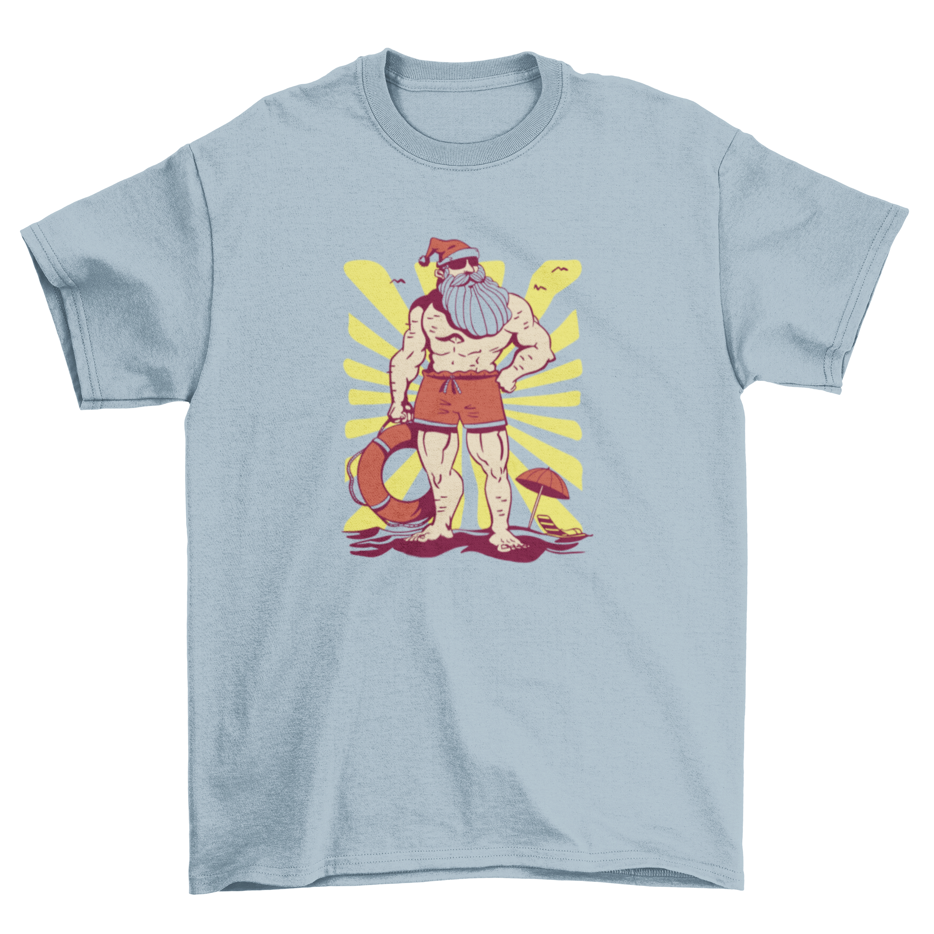 A vibrant t-shirt featuring Santa Claus in a swimsuit at the beach, showcasing a fun holiday design.