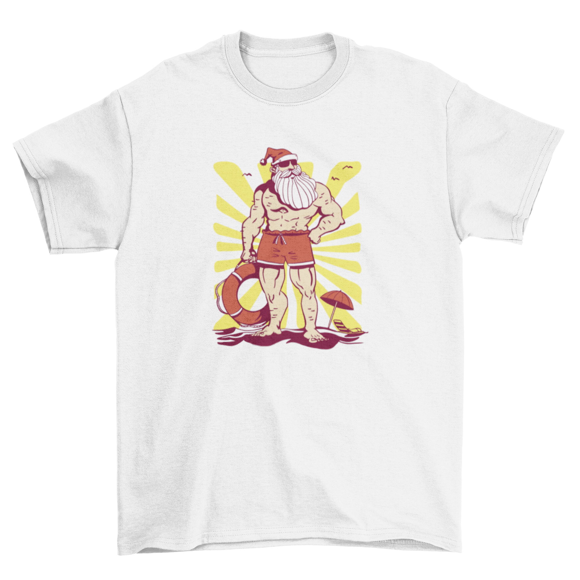 A vibrant t-shirt featuring Santa Claus in a swimsuit at the beach, showcasing a fun holiday design.